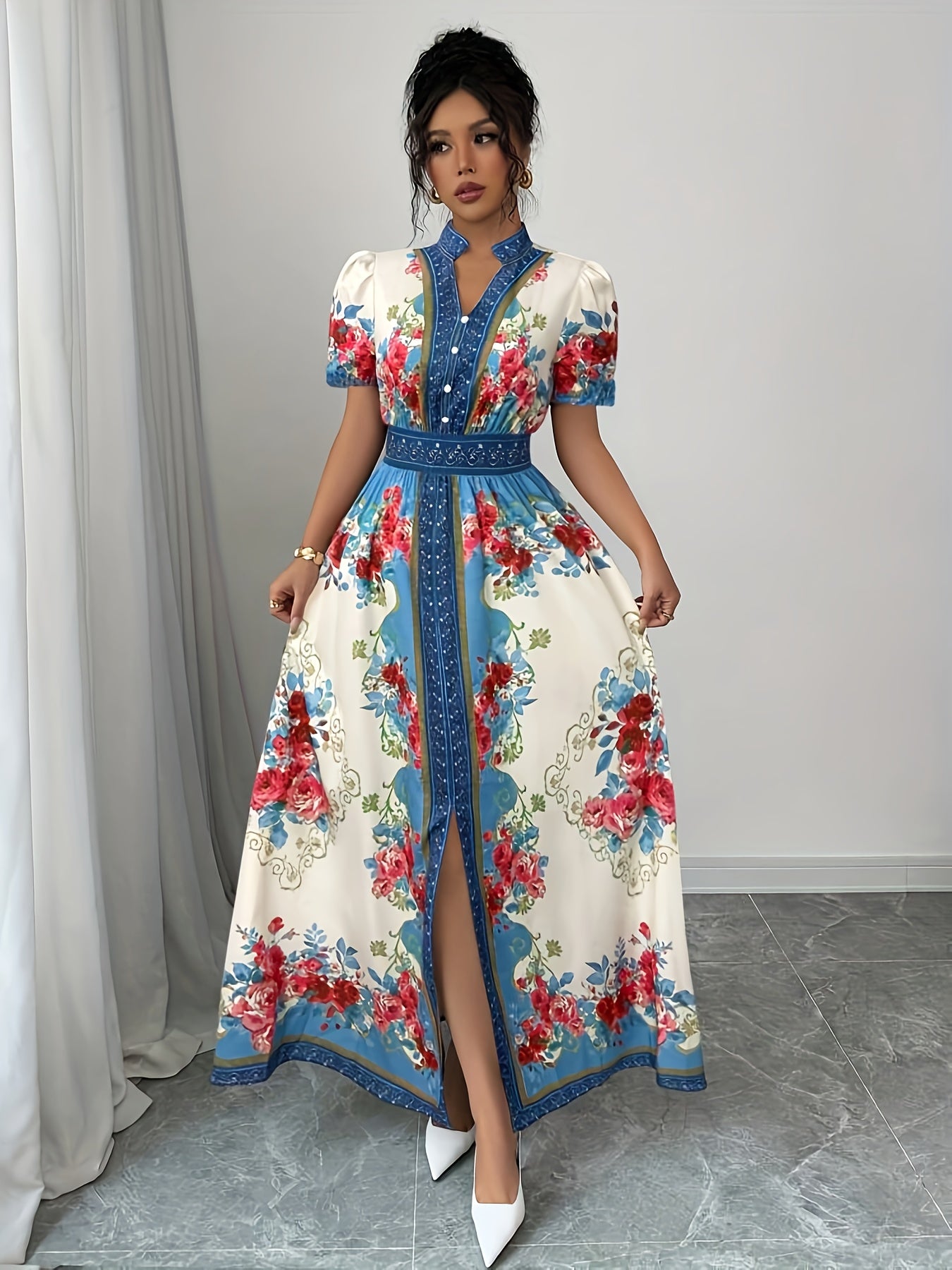 Women's Floral Print Elegant A-Line Dress with Stand-Up Collar & Puff Short Sleeves - Machine Washable Summer Long Dress with Side Slit, Regular Fit for Casual Formal Occasions, Cute Dresses