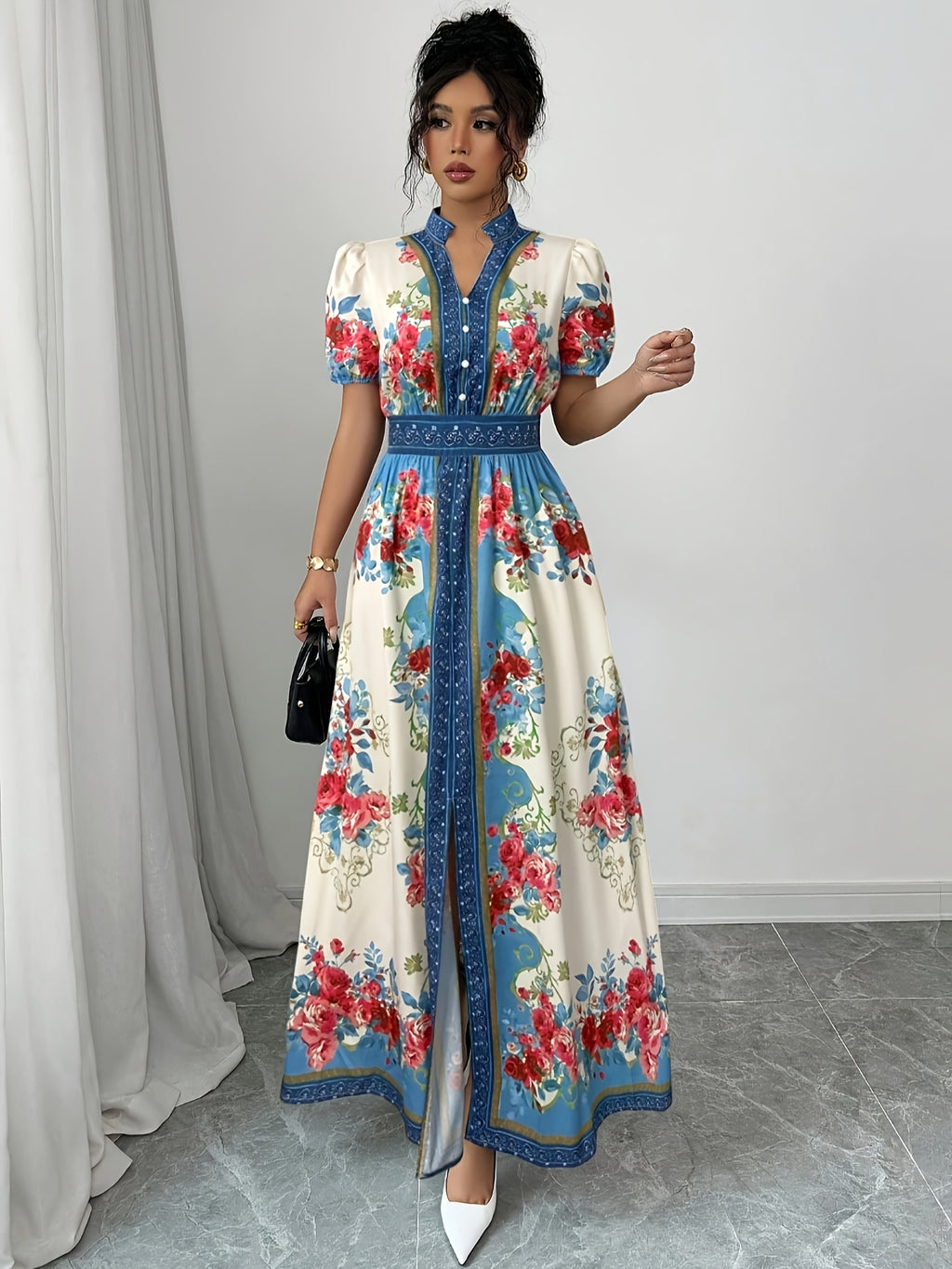 DJ0416074 Spring and Summer Floral Print Button-Decorated Elegant Dress