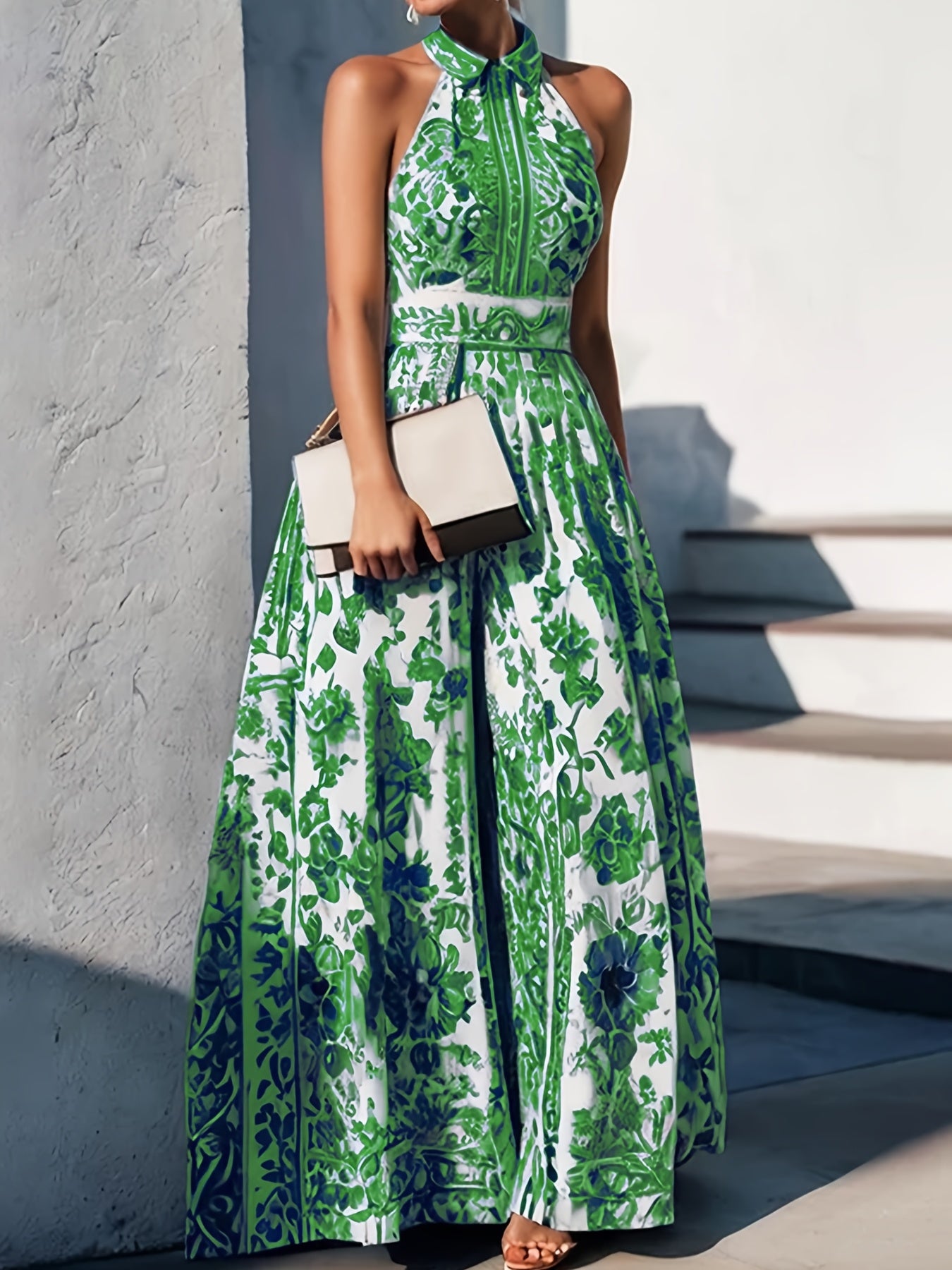 [French Maxi Dress] French-Inspired White Maxi Dress | Elegant Floral Print Halter Neck with Tie-Waist and A-Line Skirt | Polyester Fabric, Machine Washable, Cute Dress for Women with Pink and Purple Flowers