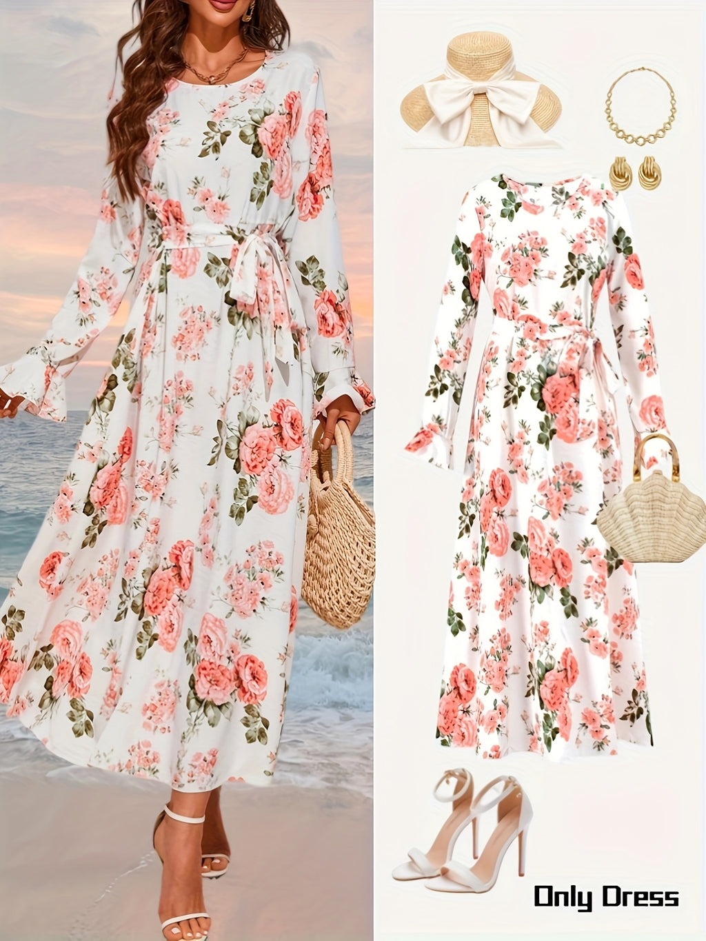 8843 Women's Elegant Bell Sleeve Floral Print A-Line Dress - Long Sleeve Round Neck Machine Washable All-Season Casual & Formal Wear, Versatile Fashion, Ruffled Skirt Style, Flowy Fabric Gown