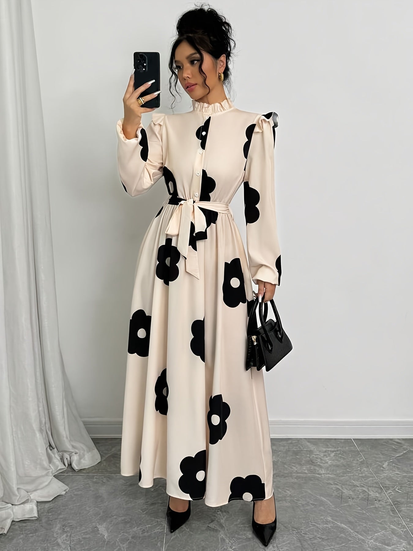 Long Sleeve Polyester A-Line Maxi Dress with Elegant Floral Print, Stand Collar, Waist Detail, Lantern Sleeves, and Ruffle Hem for Spring/Fall