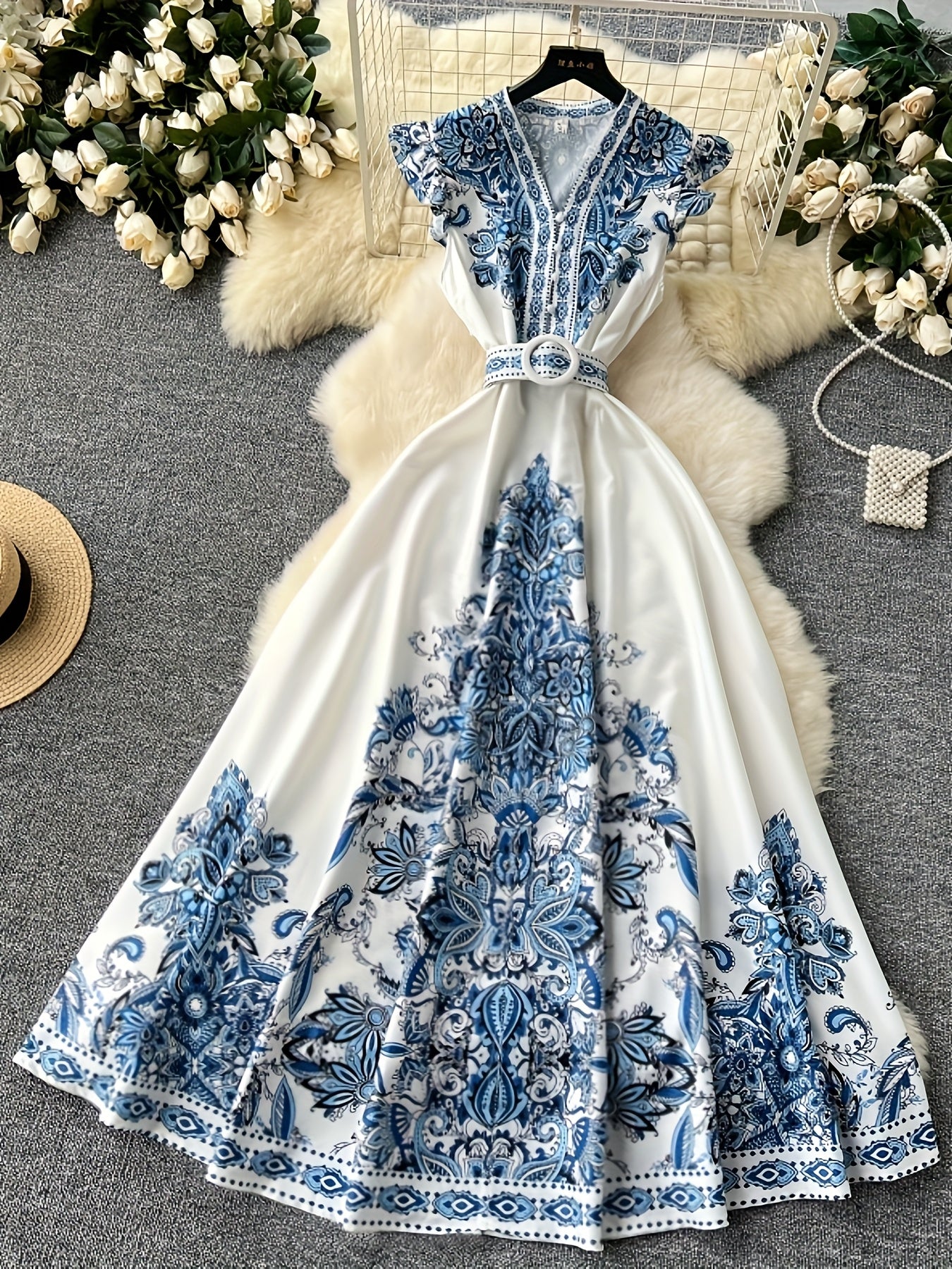[Vintage Dress] Vintage Style Long Dress with V-Neck, Single-Breasted Closure | Printed, Decorative Details - Perfect for Adult, Summer Season, Casual Attire