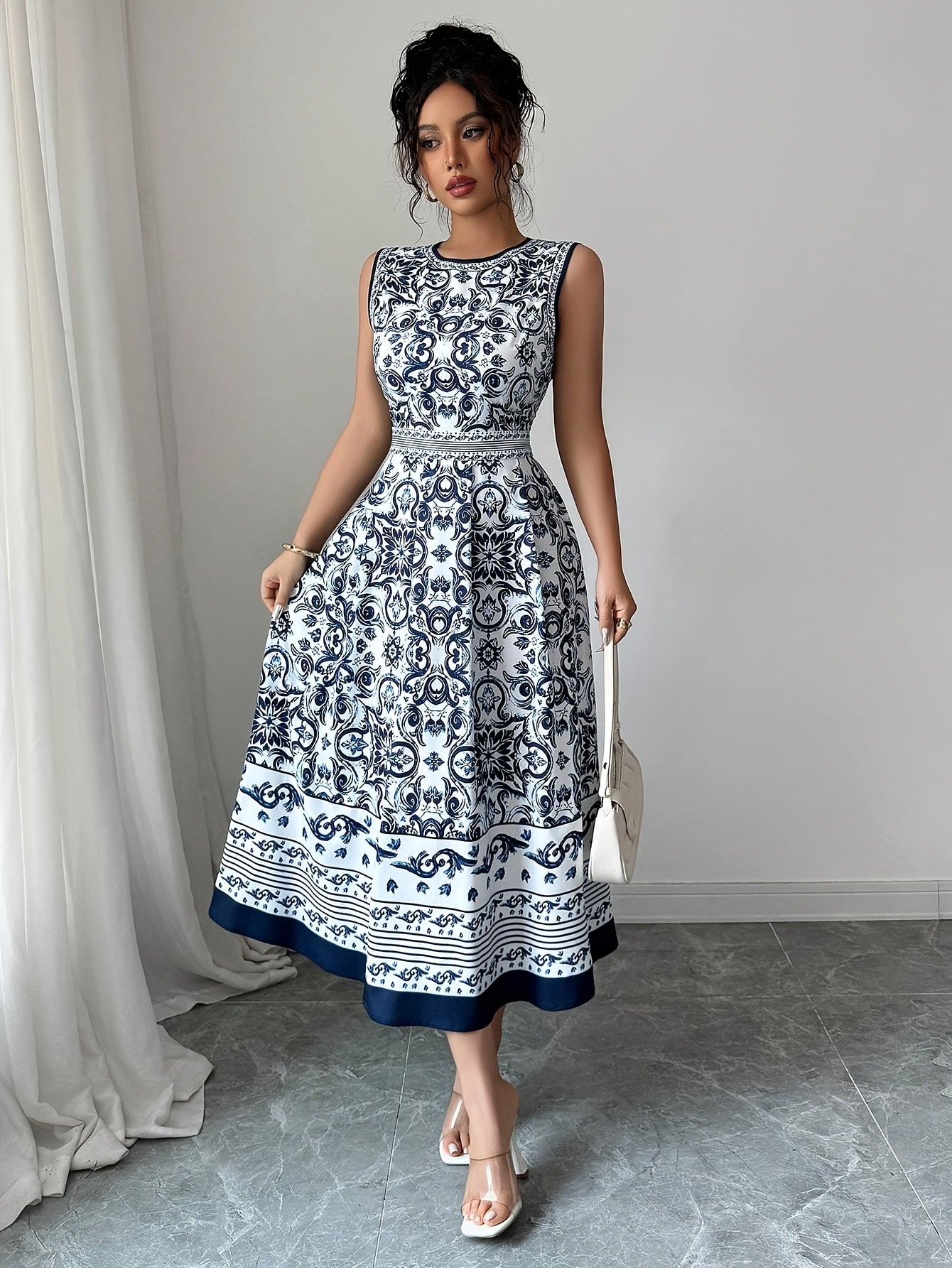 [Floral Print Midi Dress] Lightweight Polyester Floral Print Midi Dress for Women - Elegant Sleeveless, High-Low Hem, Round Neck, Perfect for Spring/Summer Vacations, Cute Dress