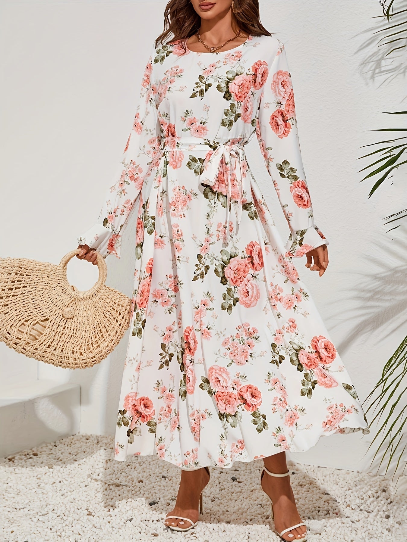 8843 Women's Elegant Bell Sleeve Floral Print A-Line Dress - Long Sleeve Round Neck Machine Washable All-Season Casual & Formal Wear, Versatile Fashion, Ruffled Skirt Style, Flowy Fabric Gown