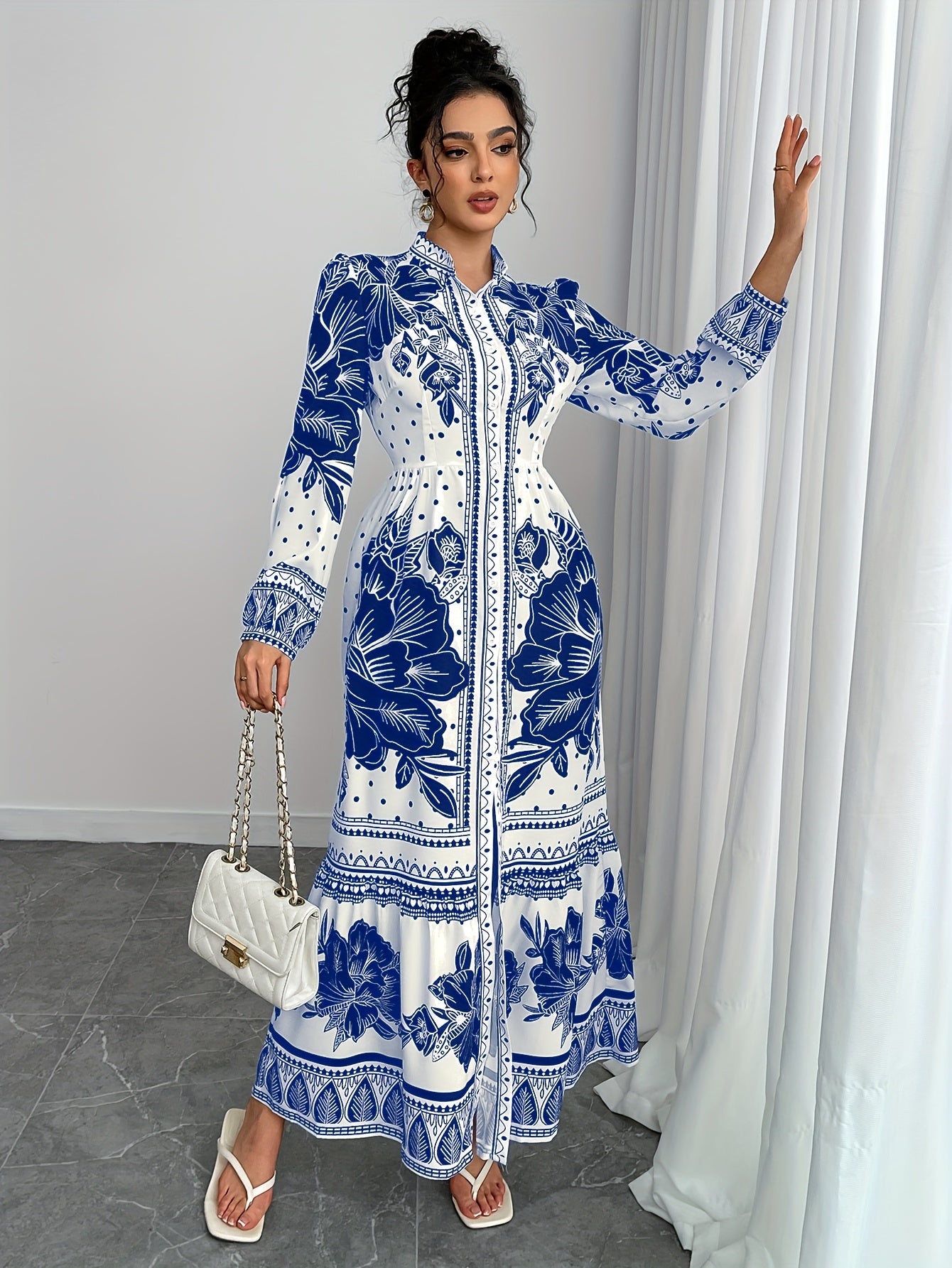 Directional Funding Development, Elegant Spring And Autumn Style from Europe And America, Small Stand-Up Collar with Button, Waist-Cinching, Lantern Long Sleeves, Floral Print, A-Line Long Shirt Dress.