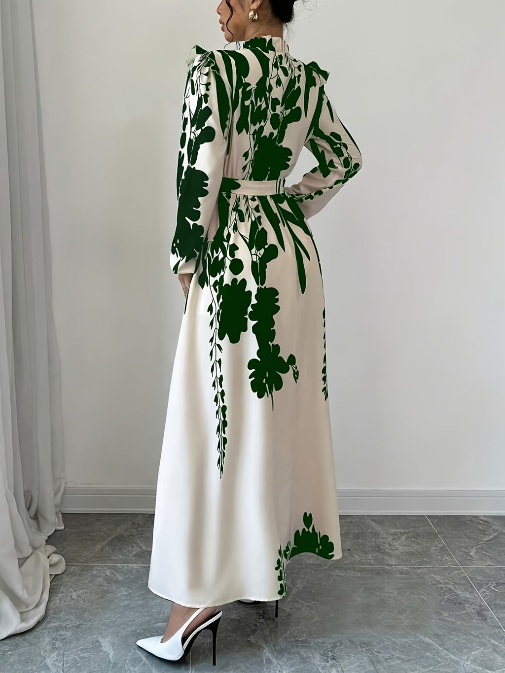 Long Sleeve Polyester A-Line Maxi Dress with Elegant Floral Print, Stand Collar, Waist Detail, Lantern Sleeves, and Ruffle Hem for Spring/Fall