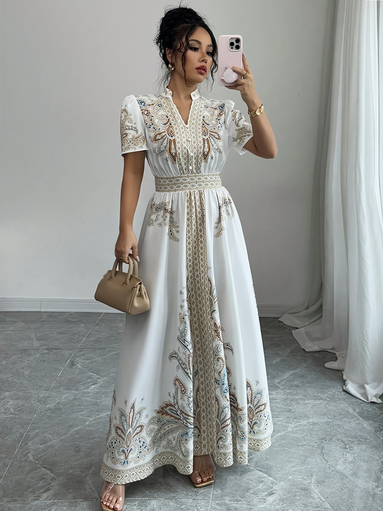 Bohemian Style Floral Print Waist-Cinched Short Bubble Sleeve Dress