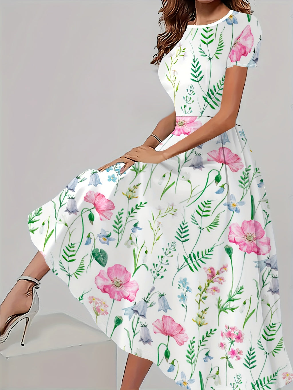 Women's Elegant Short Sleeve A-Line Dress with All-Over Floral Print - Fitted Round Neck, Medium Stretch, Machine Washable for Spring Summer Fall Casual & Semi-Formal Wear, Seasonal Fashion, Middle Eastern Style, Flowy Skirt Style