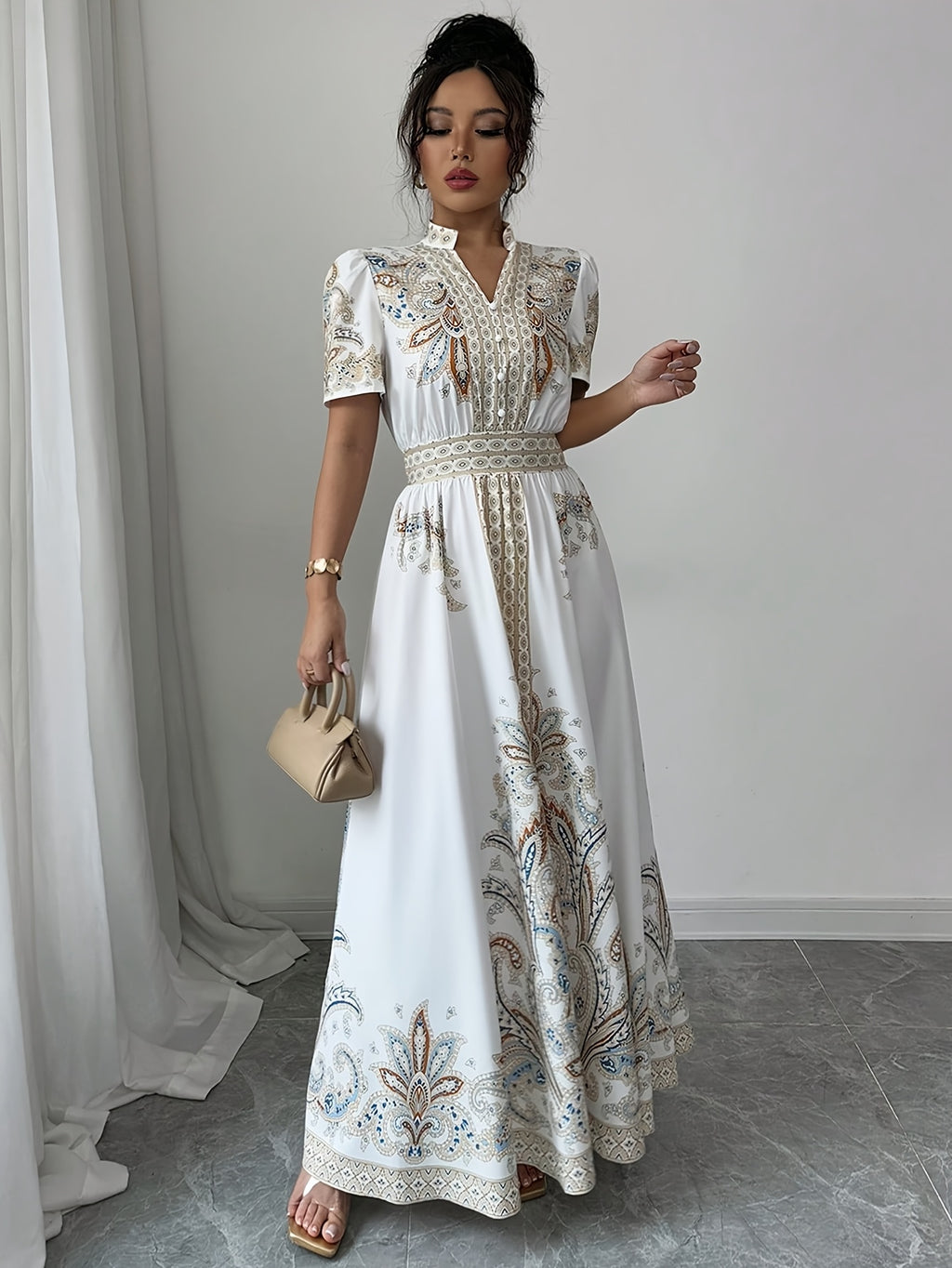 Bohemian Style Floral Print Waist-Cinched Short Bubble Sleeve Dress