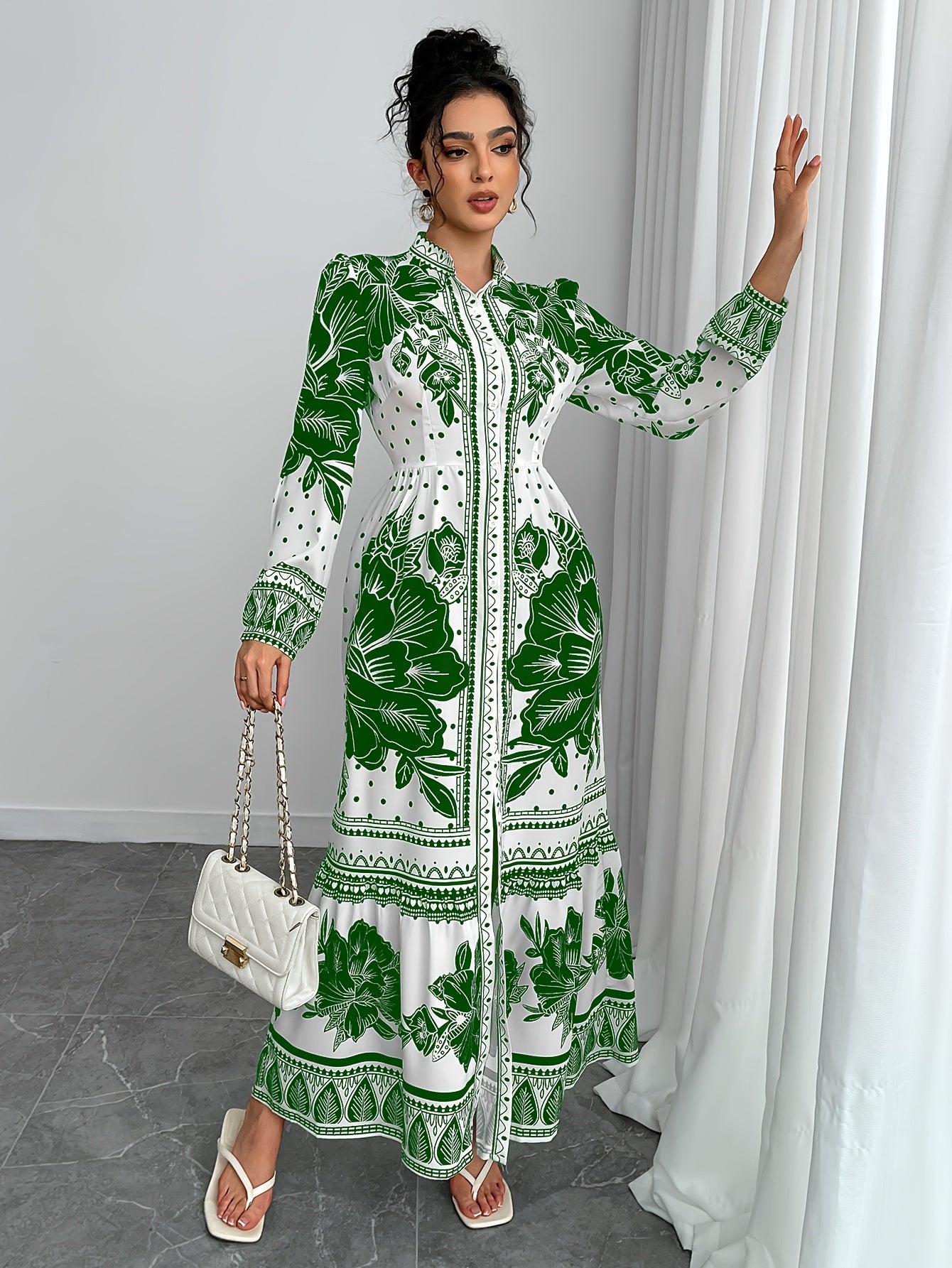 Directional Funding Development, Elegant Spring And Autumn Style from Europe And America, Small Stand-Up Collar with Button, Waist-Cinching, Lantern Long Sleeves, Floral Print, A-Line Long Shirt Dress.