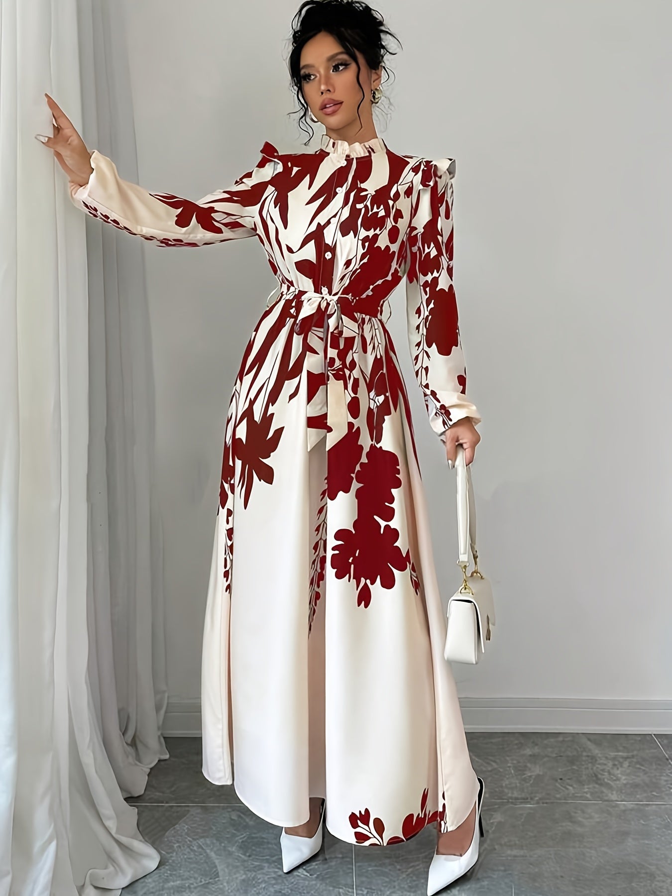 Long Sleeve Polyester A-Line Maxi Dress with Elegant Floral Print, Stand Collar, Waist Detail, Lantern Sleeves, and Ruffle Hem for Spring/Fall
