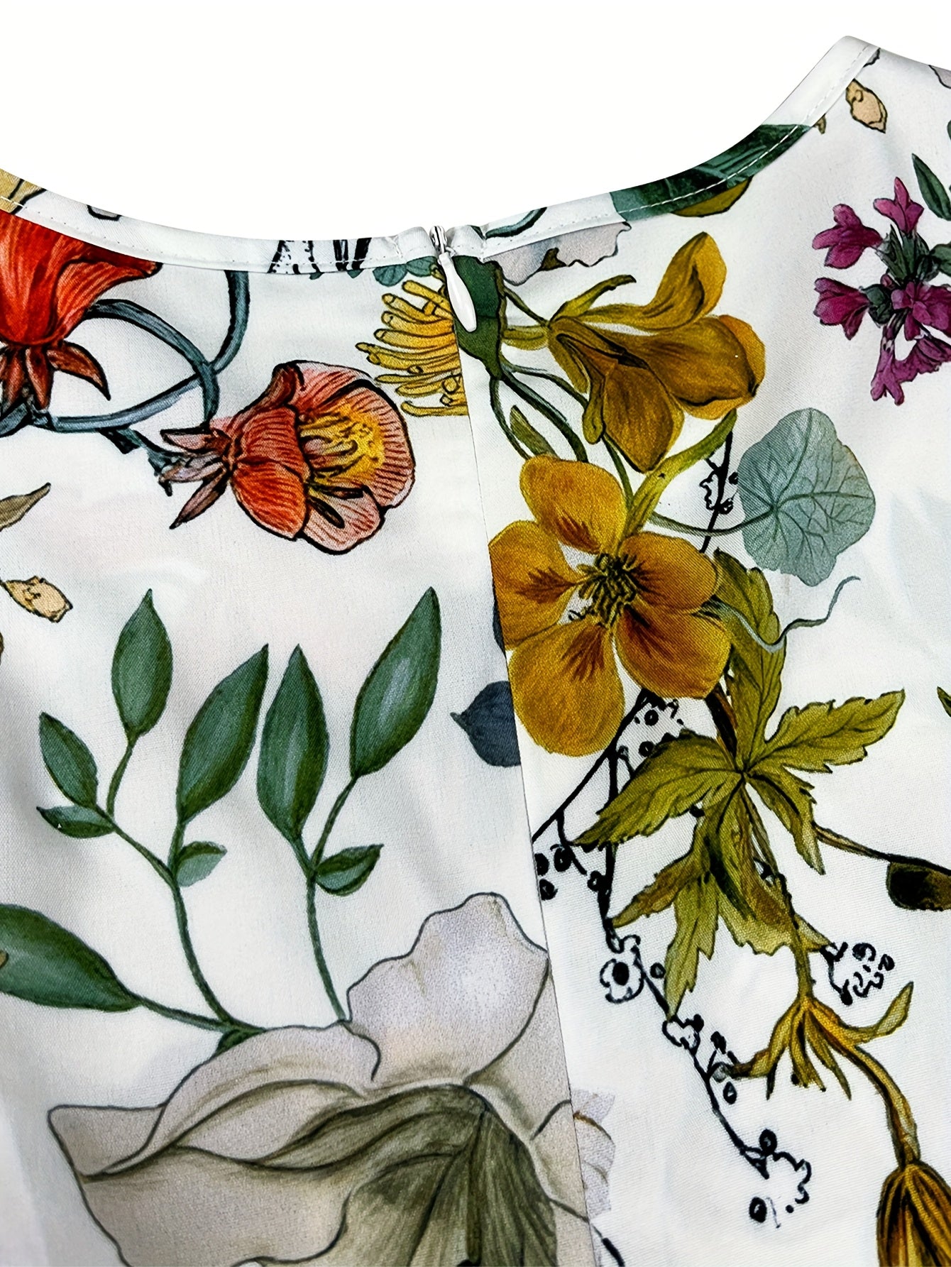 [Floral Tunic Dress] Lightweight Polyester Women's Floral Print Tunic Dress | Crew Neck, Geometric Pattern, Woven Fabric, 97% Polyester 3% Spandex Stretch, 120g/m², Spring/Summer Casual Wear