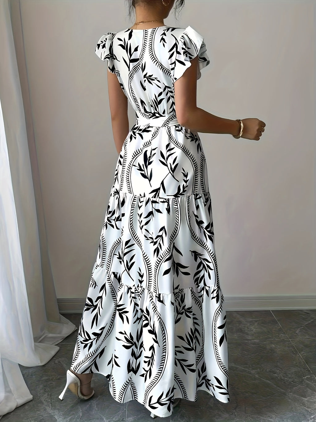 [Elegant Maxi Dress] Lightweight Polyester Elegant Summer Floral Print V-Neck Maxi Dress with Belt | Flowy A-Line Skirt, Short Sleeves, Perfect for Vacation or Casual Outings