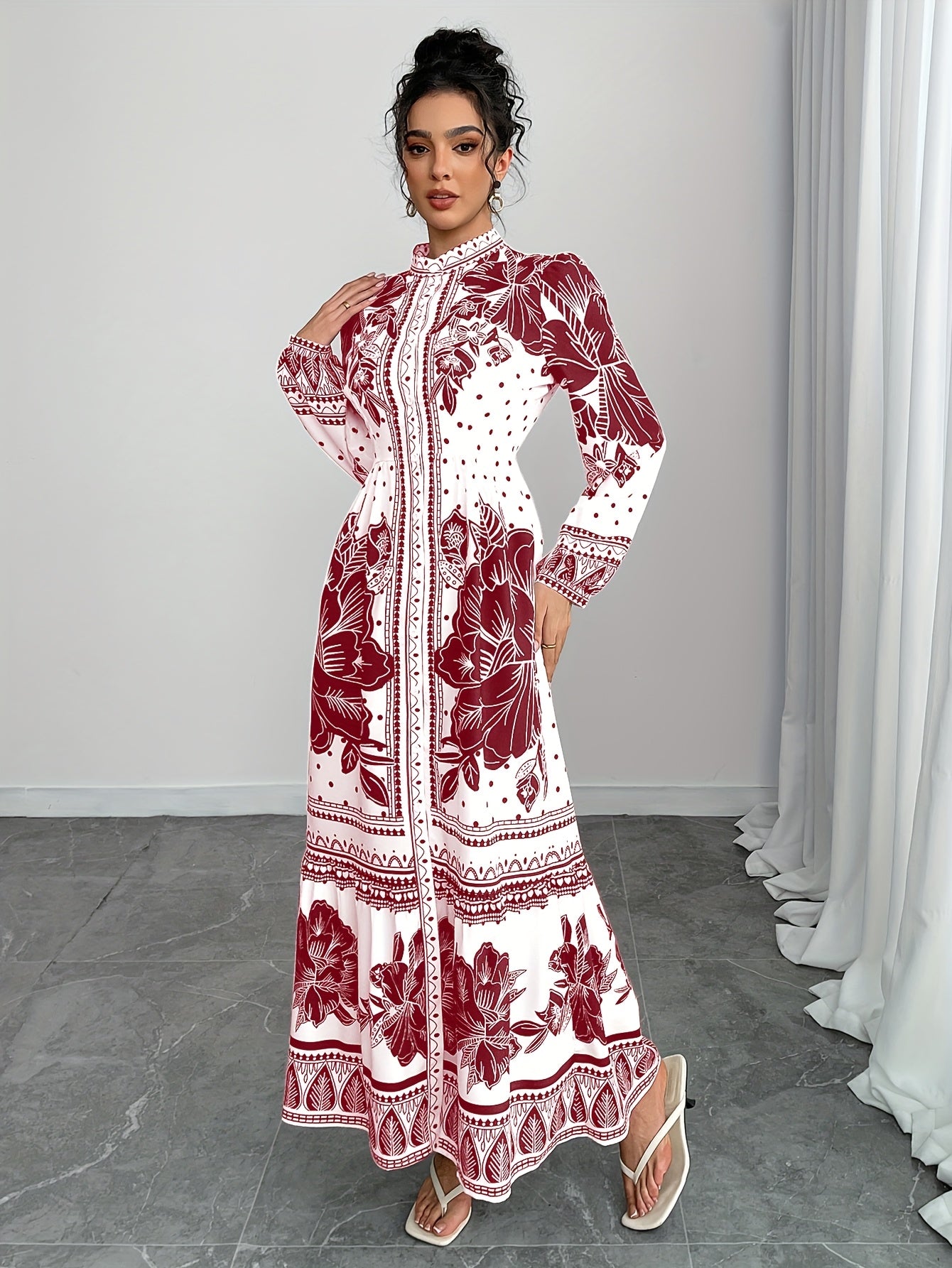 Directional Funding Development, Elegant Spring And Autumn Style from Europe And America, Small Stand-Up Collar with Button, Waist-Cinching, Lantern Long Sleeves, Floral Print, A-Line Long Shirt Dress.