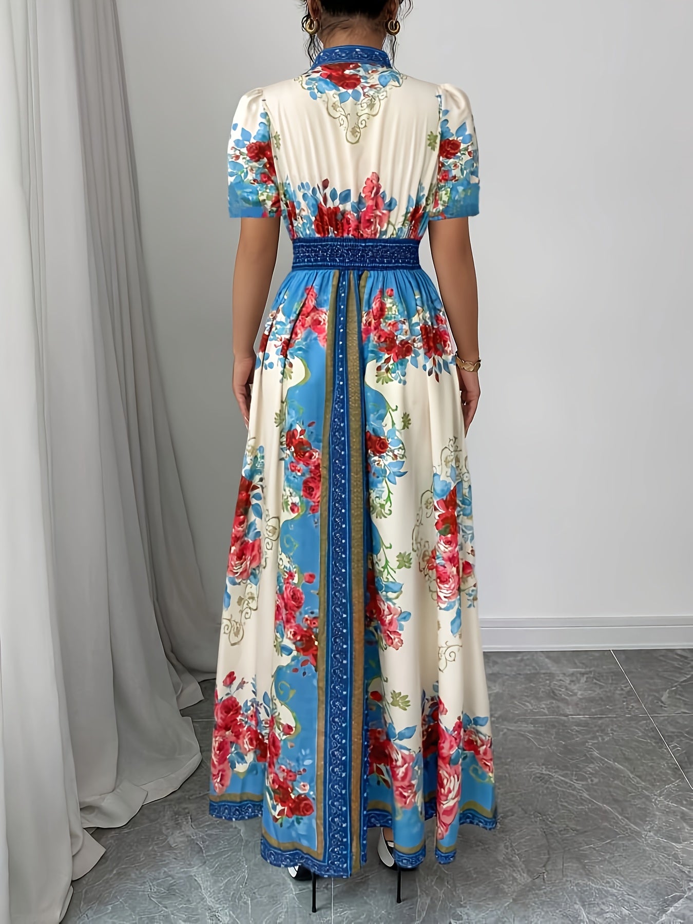 Women's Floral Print Elegant A-Line Dress with Stand-Up Collar & Puff Short Sleeves - Machine Washable Summer Long Dress with Side Slit, Regular Fit for Casual Formal Occasions, Cute Dresses