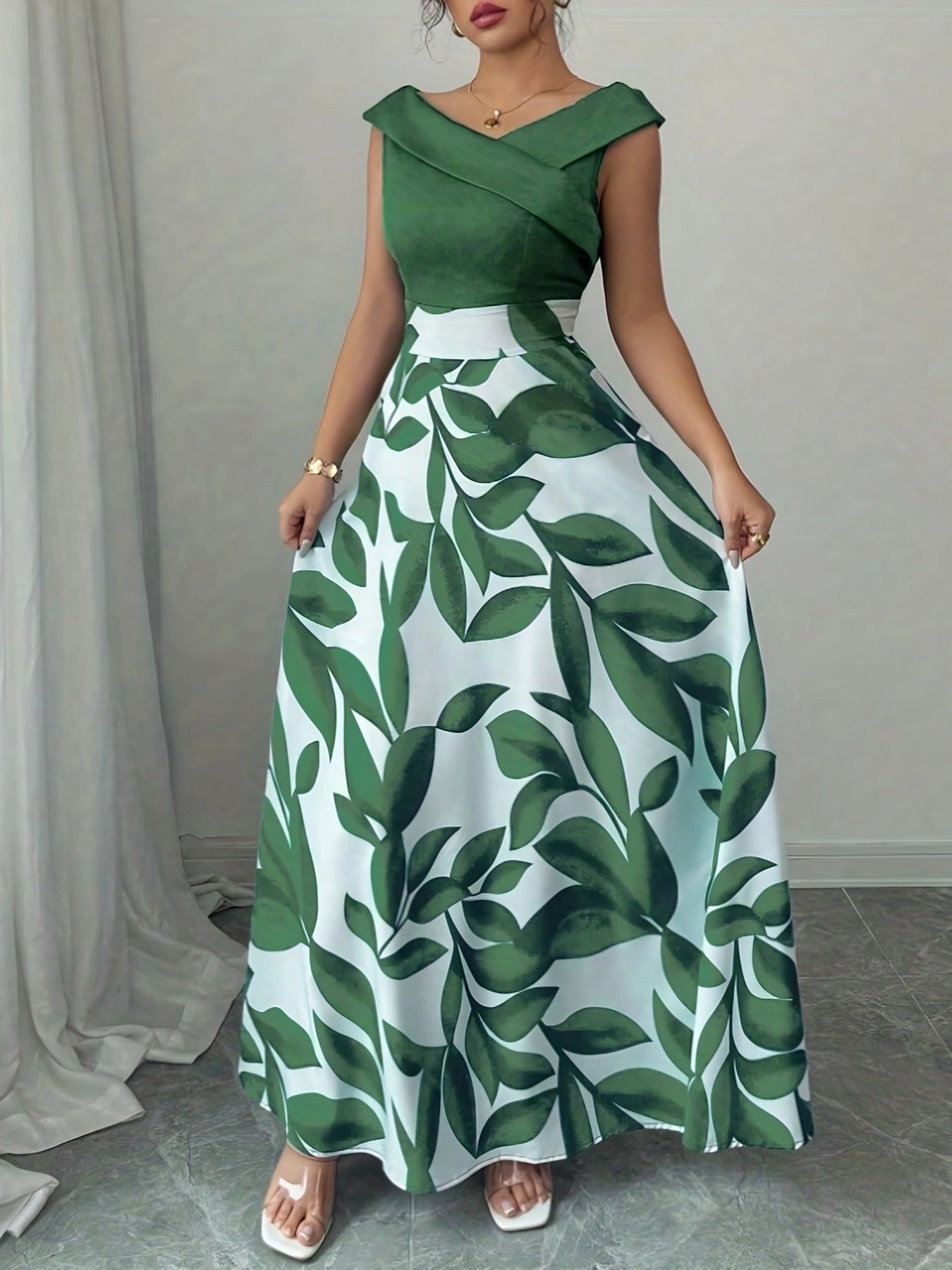 Elegant V-Neck Floral Print A-Line Maxi Dress with Pockets - Green Leaf Pattern, Short Sleeve, Cinched Waist, Flowy Skirt, Perfect for Summer, Casual to Formal Wear, Casual Summer Dress | Vneck Dress | Cinched Waist Design