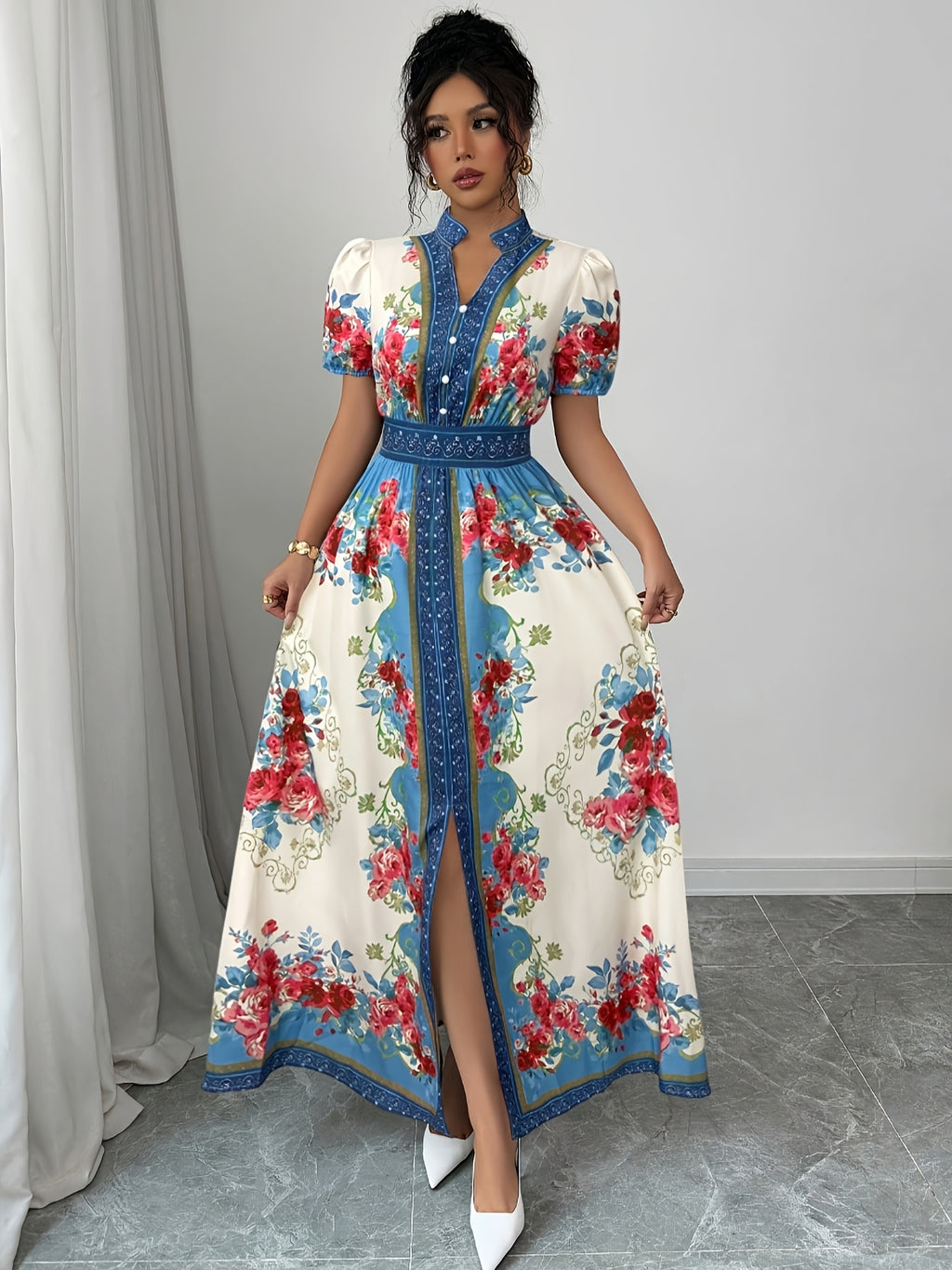 DJ0416074 Spring and Summer Floral Print Button-Decorated Elegant Dress