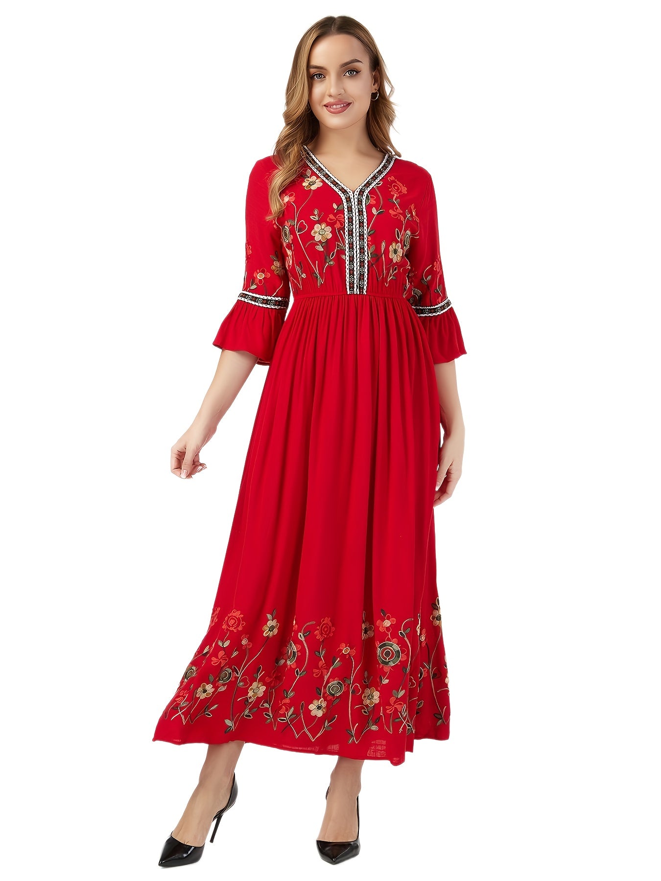 Elegant Green Embroidered Maxi Dress with V-Neck and Ruffle Sleeves - Floral Pattern, Long Length, Perfect for Adult Women, All-Season Wear, Floral Dress