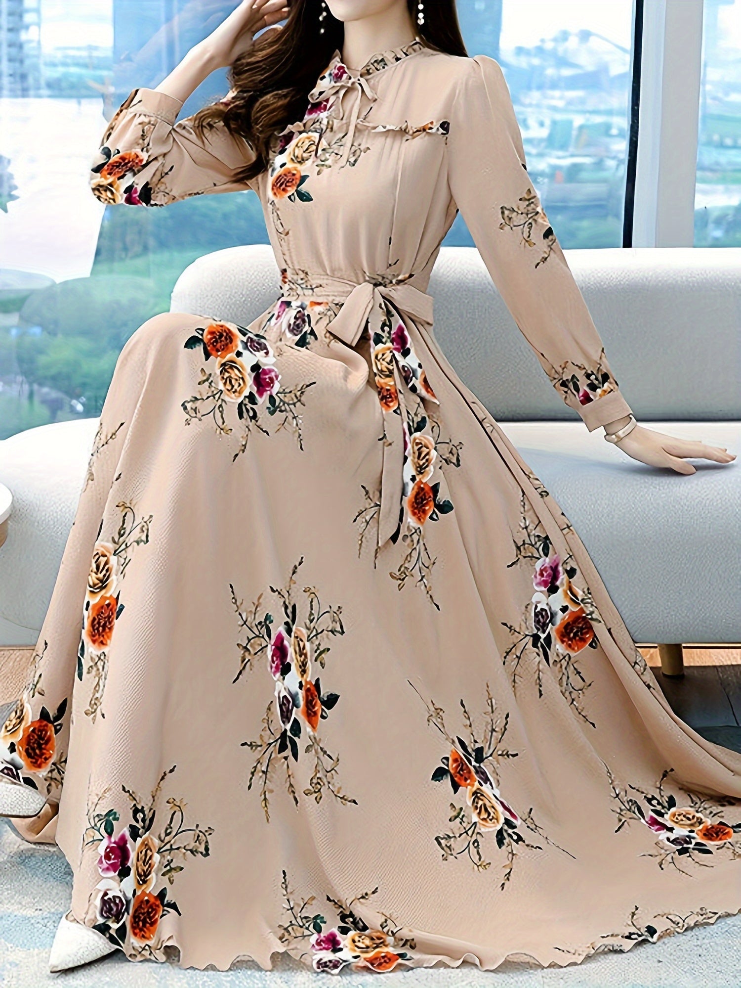 Women'S Floral Print V-Neck Long Sleeve A-Line Dress - Elegant Beige with Multicolor Flowers, Hand Wash Only, Spring/Fall Party & Formal Wear, Floral Print Dress, Autumn Event Gown, Sophisticated Texture