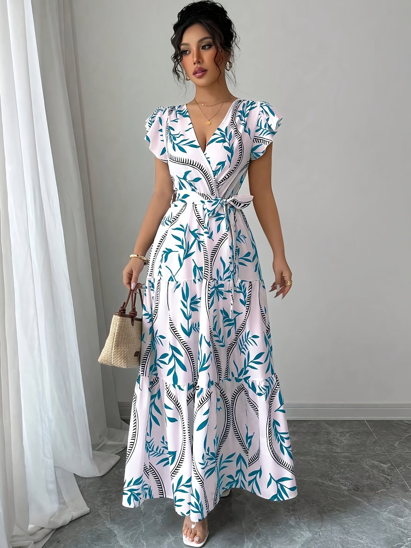 [Elegant Maxi Dress] Lightweight Polyester Elegant Summer Floral Print V-Neck Maxi Dress with Belt | Flowy A-Line Skirt, Short Sleeves, Perfect for Vacation or Casual Outings