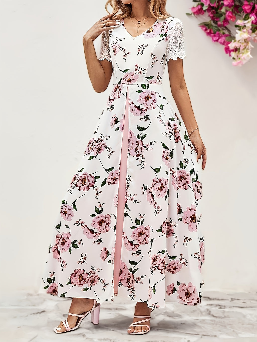 Elegant Floral Print V-Neck Midi Dress for Women - Short Sleeve, High-Low Hem, Split Front, Lightweight Polyester, Perfect for Spring/Summer/Fall, Casual Elegance Attire | Vneck Dress | Glossy Textur