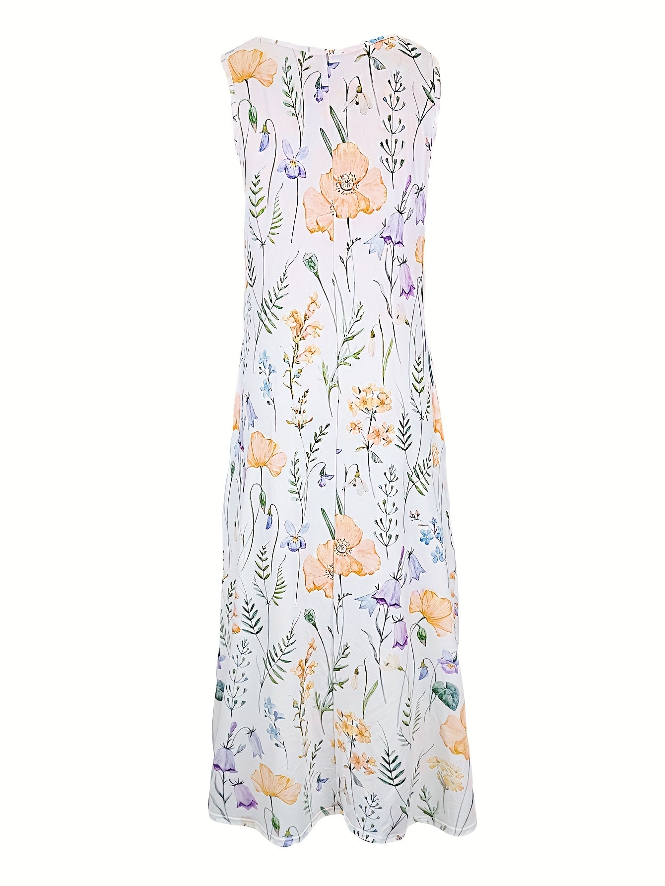 [Elegant Maxi Dress] Lightweight Polyester Women's Floral Print V-Neck Sleeveless Maxi Dress | Casual Elegant A-Line Cut with Vibrant Pink, Red, and Green Flowers, Spring/Summer/Fall