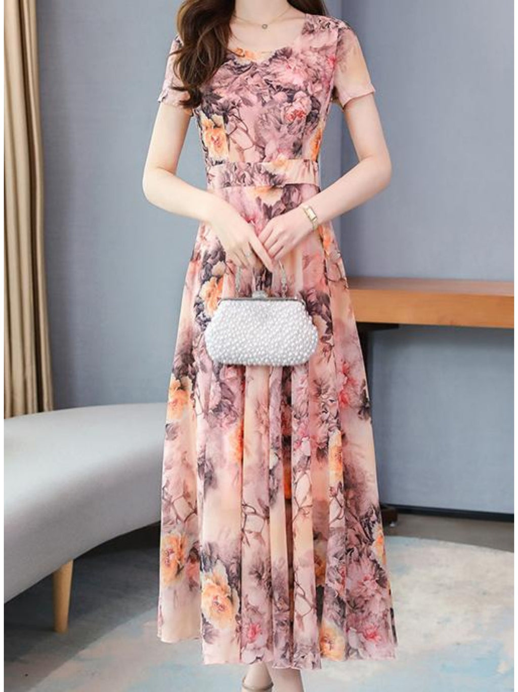 Elegant Floral Print Midi Dress for Women - Ice Silky Fabric, Short Sleeve, Crew Neck, Bohemian Summer Dress with Flowy Skirt, Pink and White Floral Design, Perfect for Vacation or Casual Outings, Floral Dress