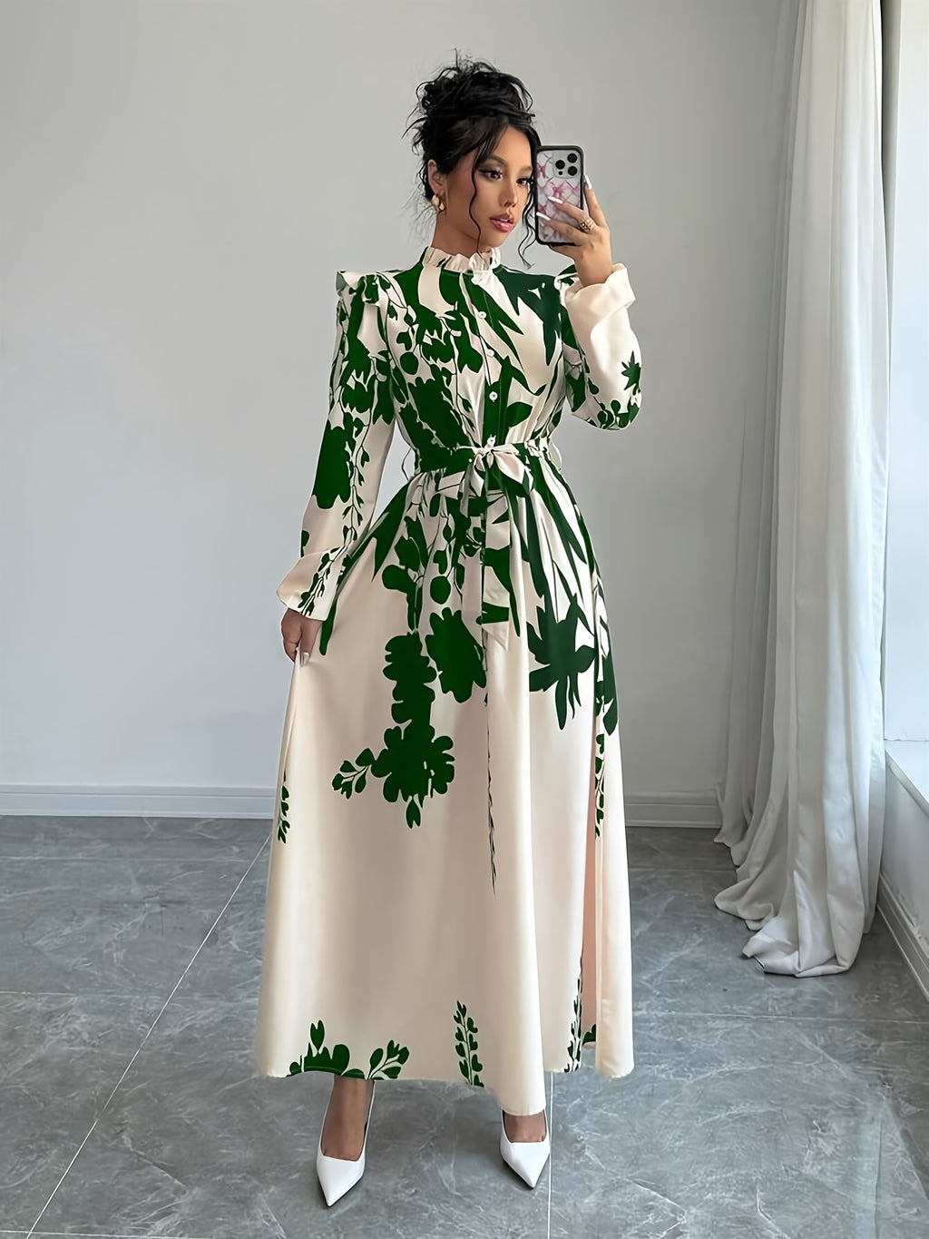 Long Sleeve Polyester A-Line Maxi Dress with Elegant Floral Print, Stand Collar, Waist Detail, Lantern Sleeves, and Ruffle Hem for Spring/Fall
