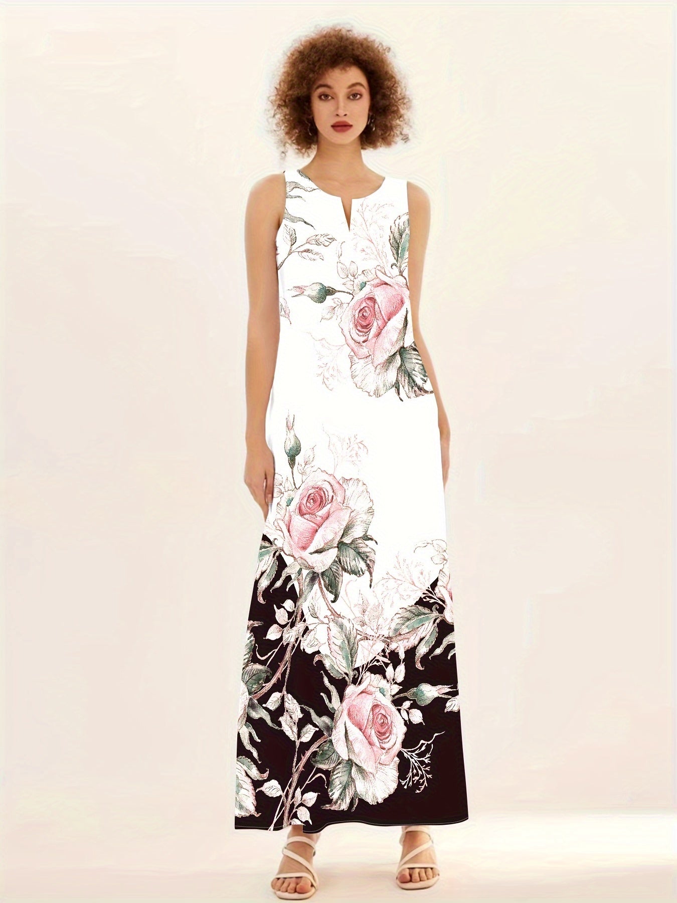 [Floral Print Dress] Floral Print V-Neck Sleeveless Dress with Pockets | A-Line Long Maxi Dress, Pink Roses on Black, Casual to Formal All-Season Wear, No Stretch Fabric