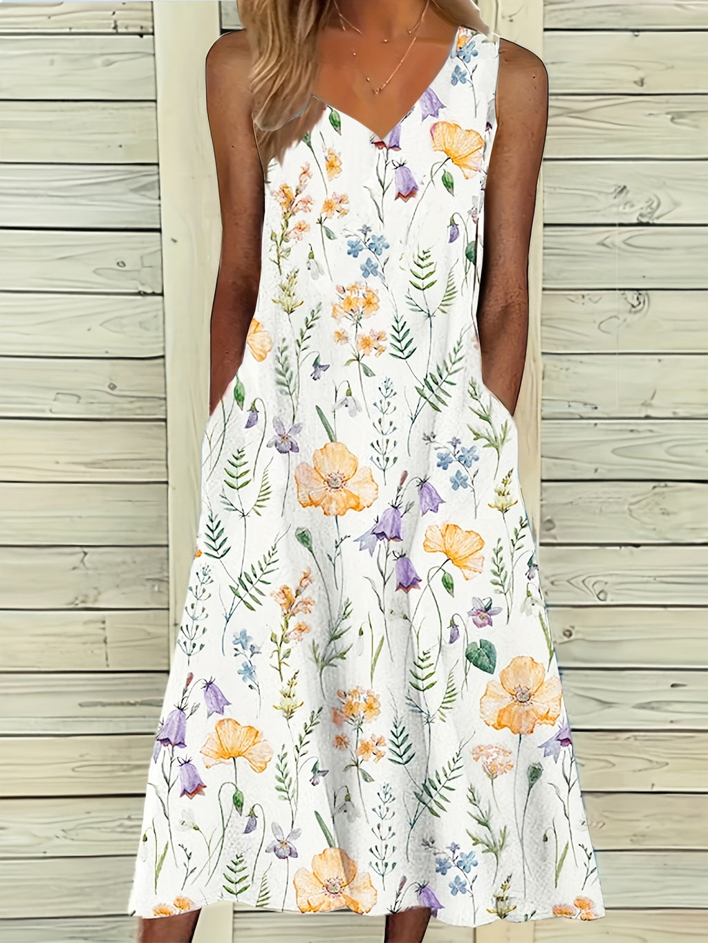 [Elegant Maxi Dress] Lightweight Polyester Women's Floral Print V-Neck Sleeveless Maxi Dress | Casual Elegant A-Line Cut with Vibrant Pink, Red, and Green Flowers, Spring/Summer/Fall