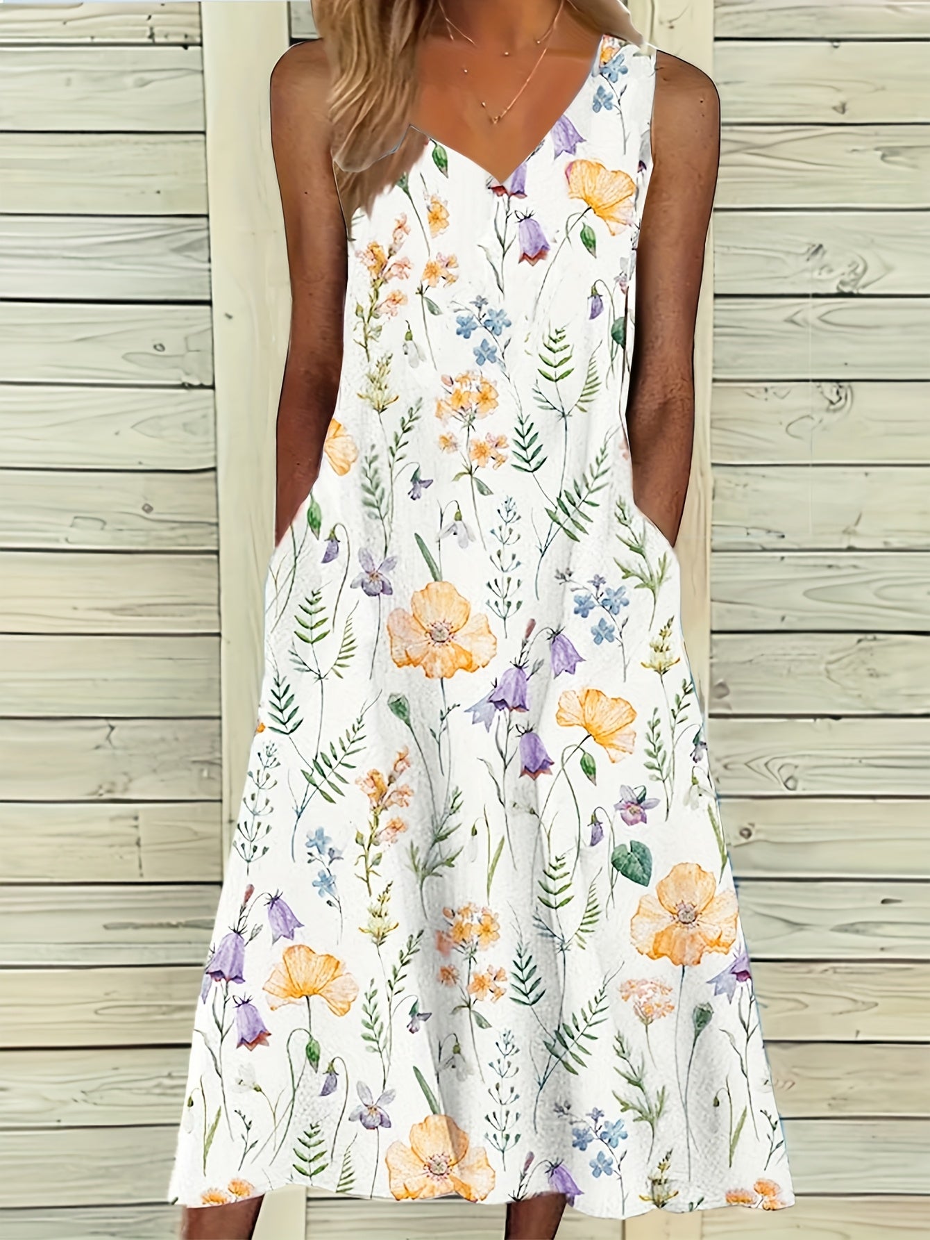 [Elegant Maxi Dress] Lightweight Polyester Women's Floral Print V-Neck Sleeveless Maxi Dress | Casual Elegant A-Line Cut with Vibrant Pink, Red, and Green Flowers, Spring/Summer/Fall