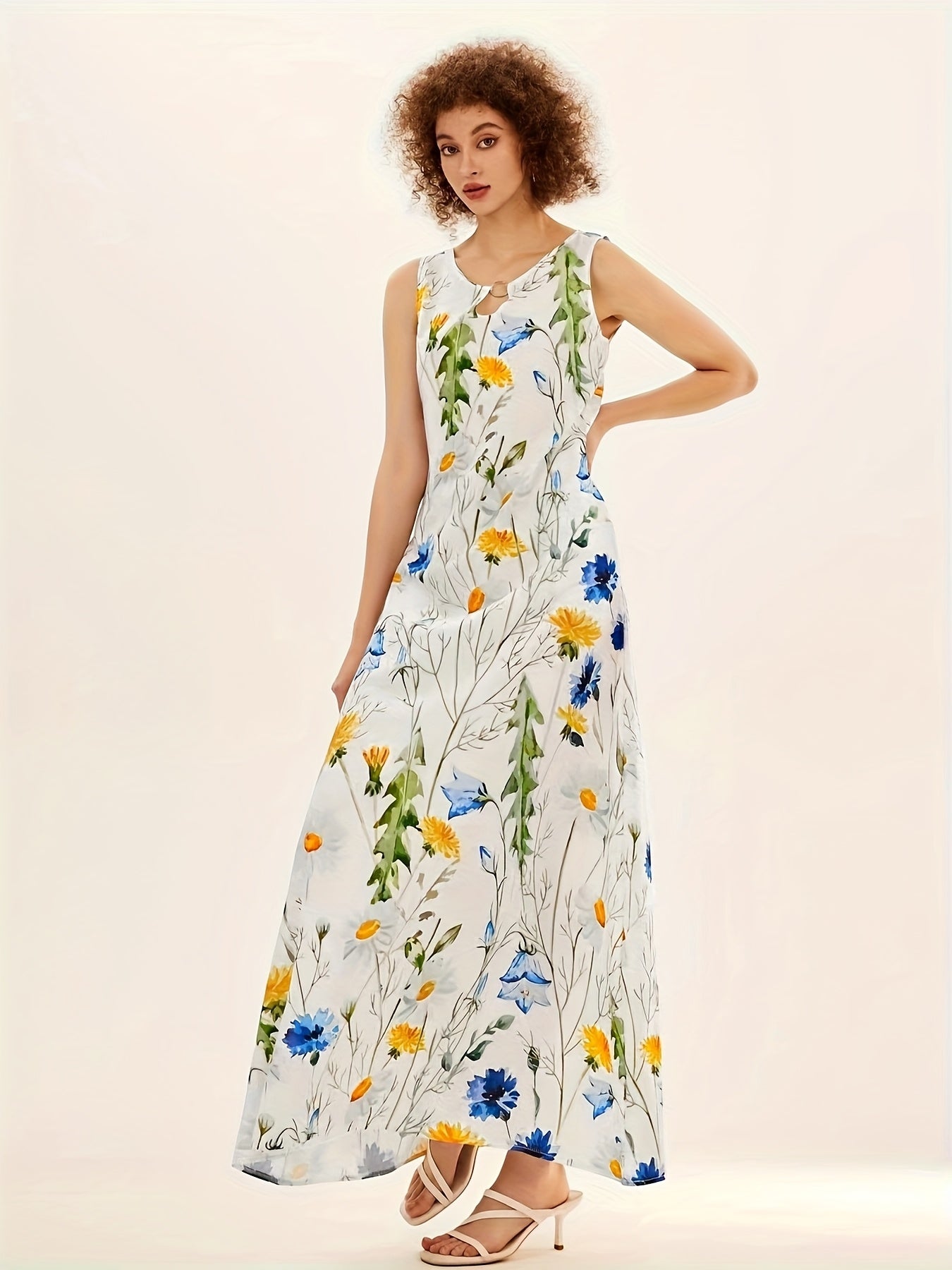 [Floral Dress] Vibrant Floral Print Women's A-Line Dress with Pockets | Sleeveless, Round Neck, Breathable Material, All-Season Casual to Formal Long Dress - Dry Clean Only, Blue Yellow Floral Pattern on White