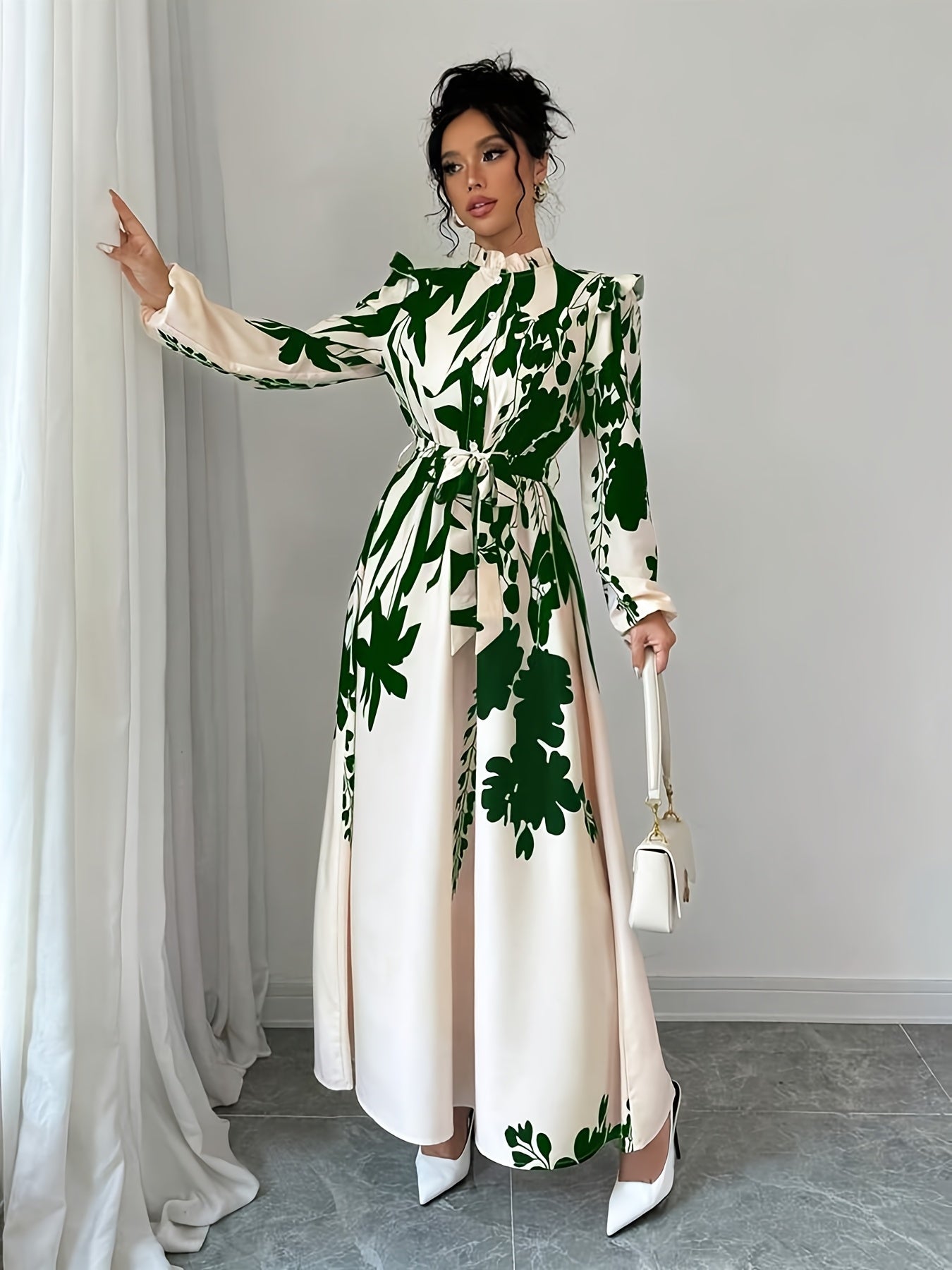 Long Sleeve Polyester A-Line Maxi Dress with Elegant Floral Print, Stand Collar, Waist Detail, Lantern Sleeves, and Ruffle Hem for Spring/Fall