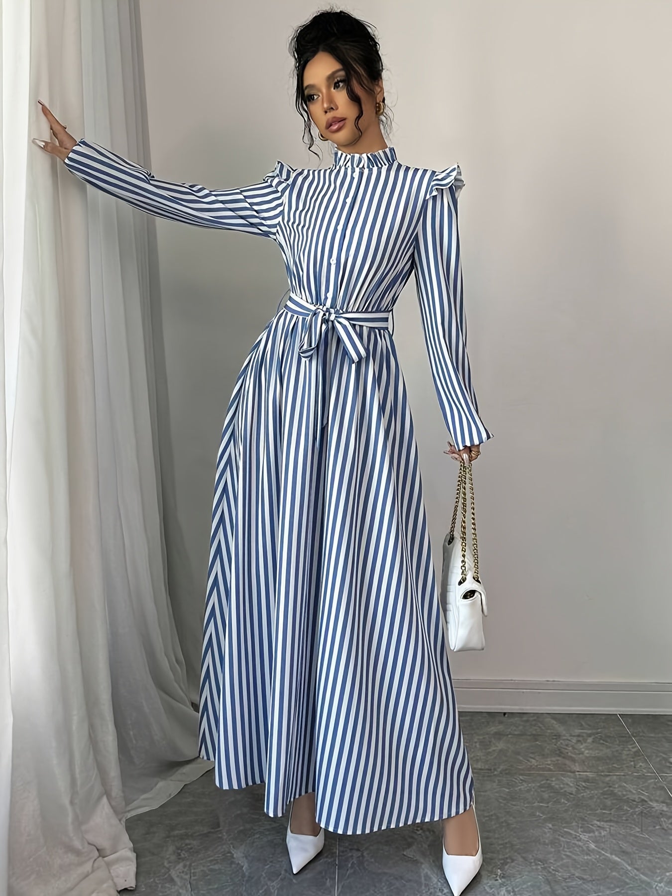Long Sleeve Polyester A-Line Maxi Dress with Elegant Floral Print, Stand Collar, Waist Detail, Lantern Sleeves, and Ruffle Hem for Spring/Fall