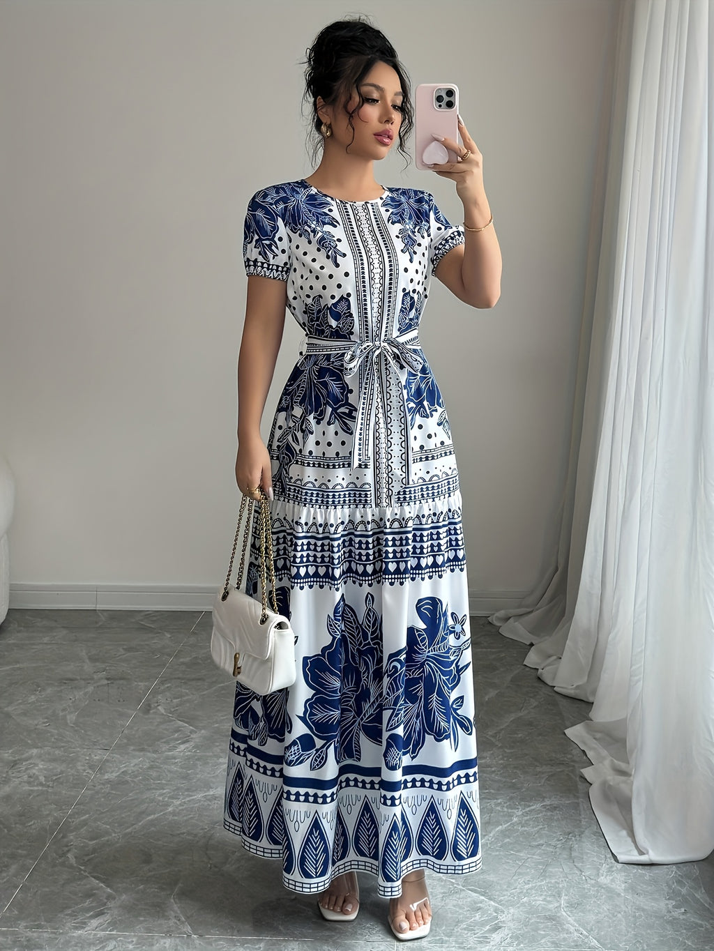 [Summer Chic Maxi Dress] Vibrant Pink & White Floral Print Maxi Dress for Women | Elegant, A-Line Silhouette, Round Neck, Tie-Front Detail, Casual Style, Perfect for Summer