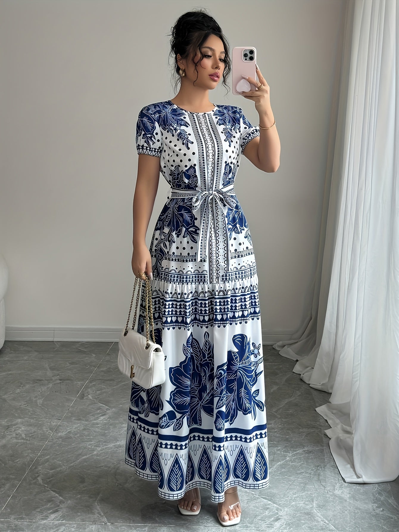 [Summer Chic Maxi Dress] Vibrant Pink & White Floral Print Maxi Dress for Women | Elegant, A-Line Silhouette, Round Neck, Tie-Front Detail, Casual Style, Perfect for Summer