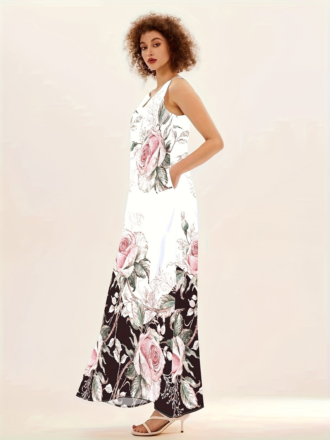 [Floral Print Dress] Floral Print V-Neck Sleeveless Dress with Pockets | A-Line Long Maxi Dress, Pink Roses on Black, Casual to Formal All-Season Wear, No Stretch Fabric