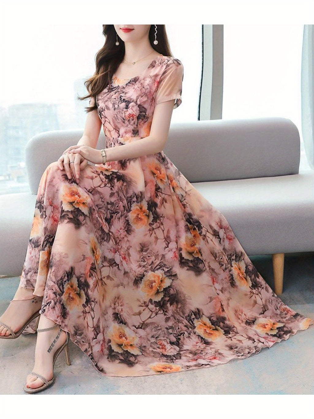Elegant Floral Print Midi Dress for Women - Ice Silky Fabric, Short Sleeve, Crew Neck, Bohemian Summer Dress with Flowy Skirt, Pink and White Floral Design, Perfect for Vacation or Casual Outings, Floral Dress