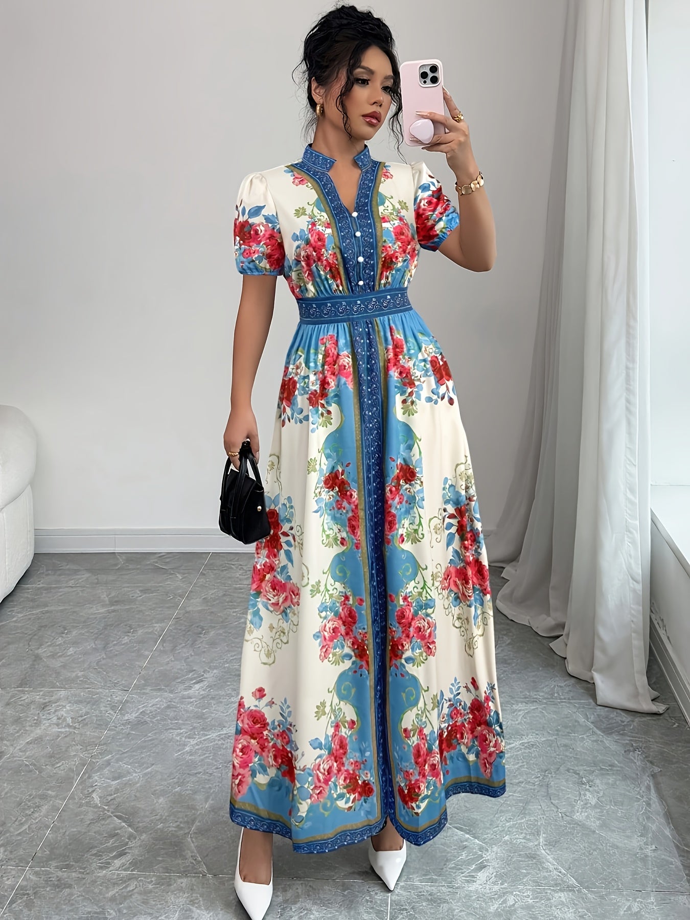 DJ0416074 Spring and Summer Floral Print Button-Decorated Elegant Dress