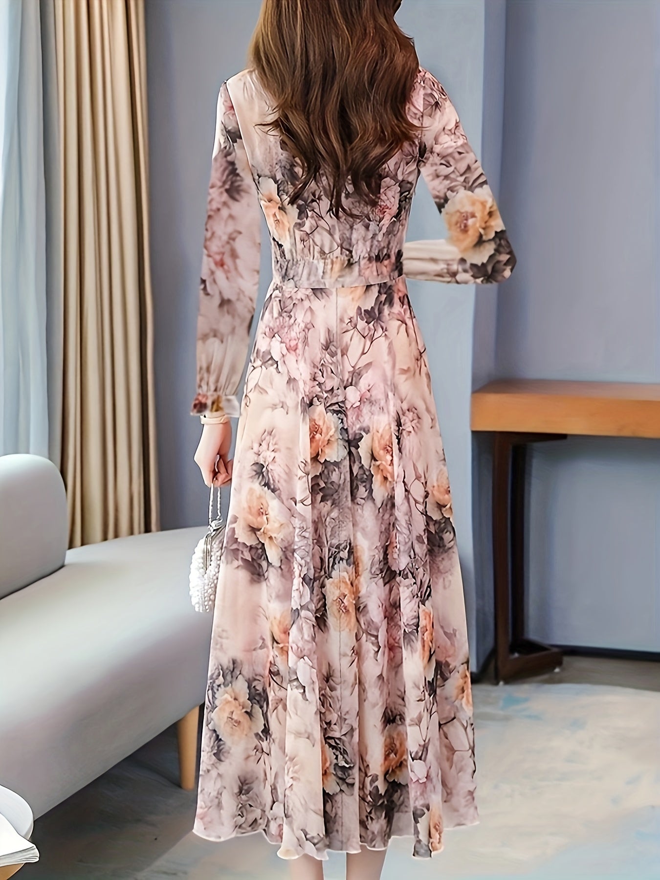 [Y3 Floral Dress] Y3 Women's Floral Print A-Line Dress | Elastic Waist Long Sleeve Round Neck Machine Washable | Pink Blue Gray Floral Dress for Casual & Formal Occasions