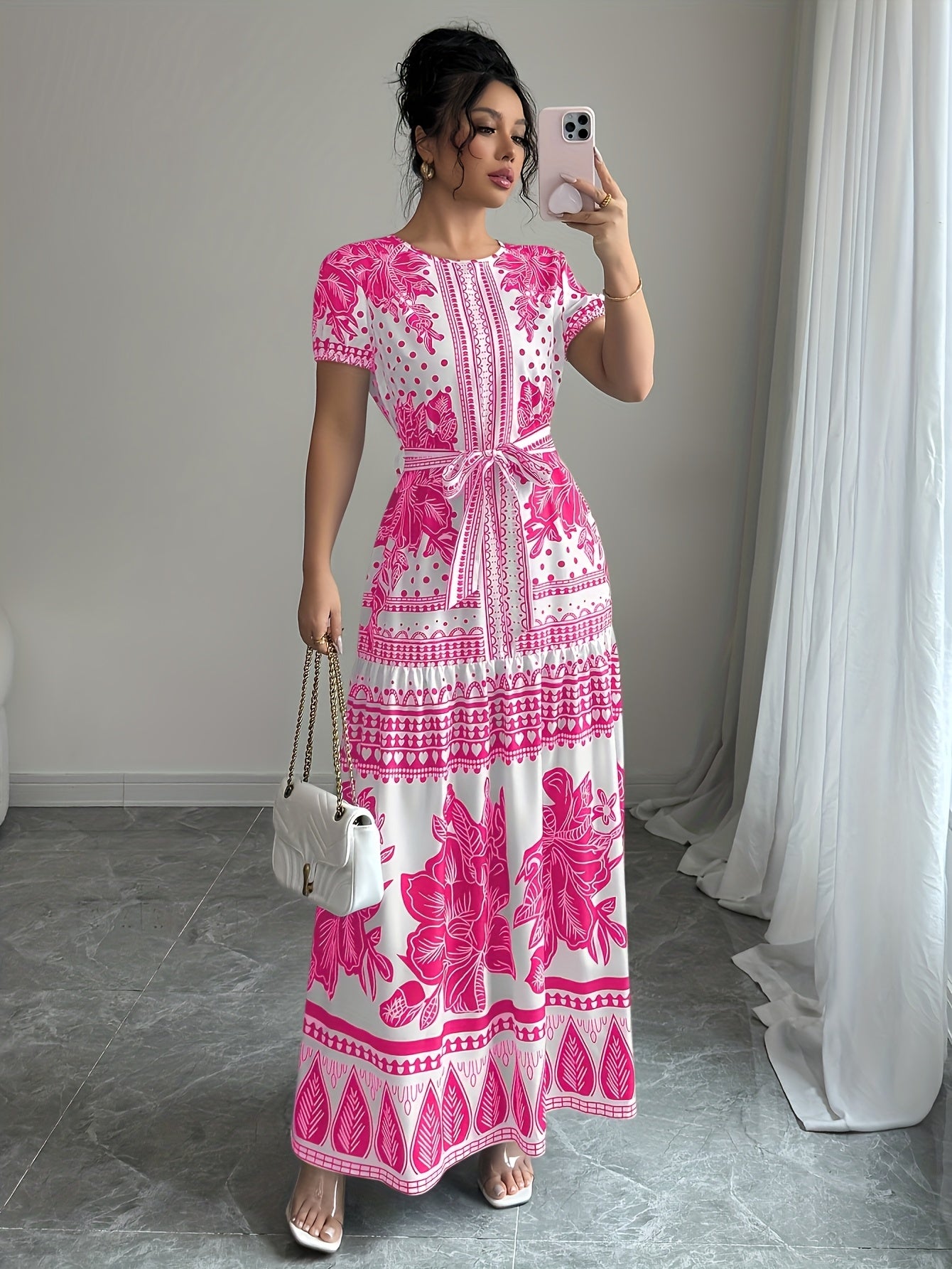[Summer Chic Maxi Dress] Vibrant Pink & White Floral Print Maxi Dress for Women | Elegant, A-Line Silhouette, Round Neck, Tie-Front Detail, Casual Style, Perfect for Summer