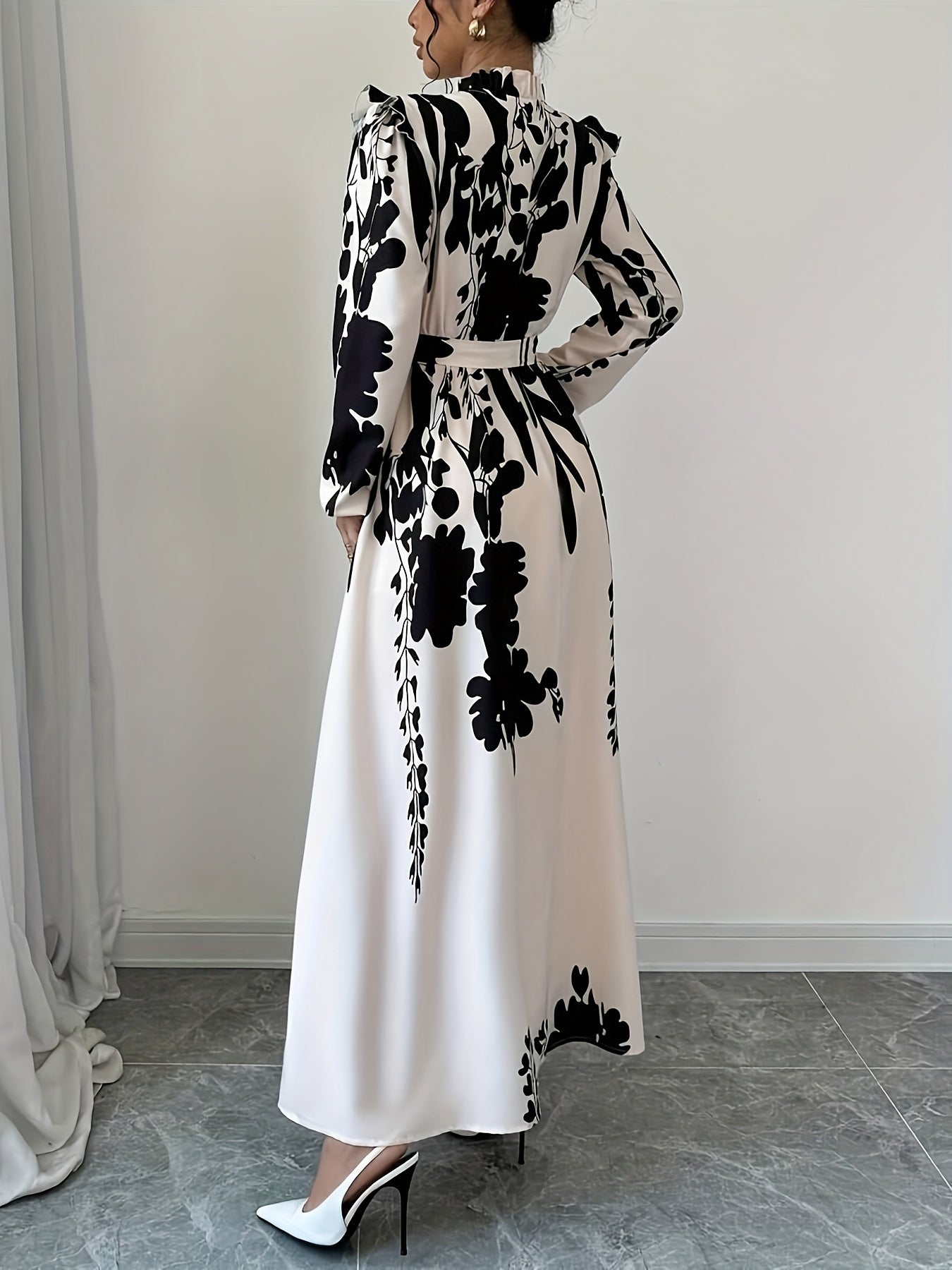 Long Sleeve Polyester A-Line Maxi Dress with Elegant Floral Print, Stand Collar, Waist Detail, Lantern Sleeves, and Ruffle Hem for Spring/Fall