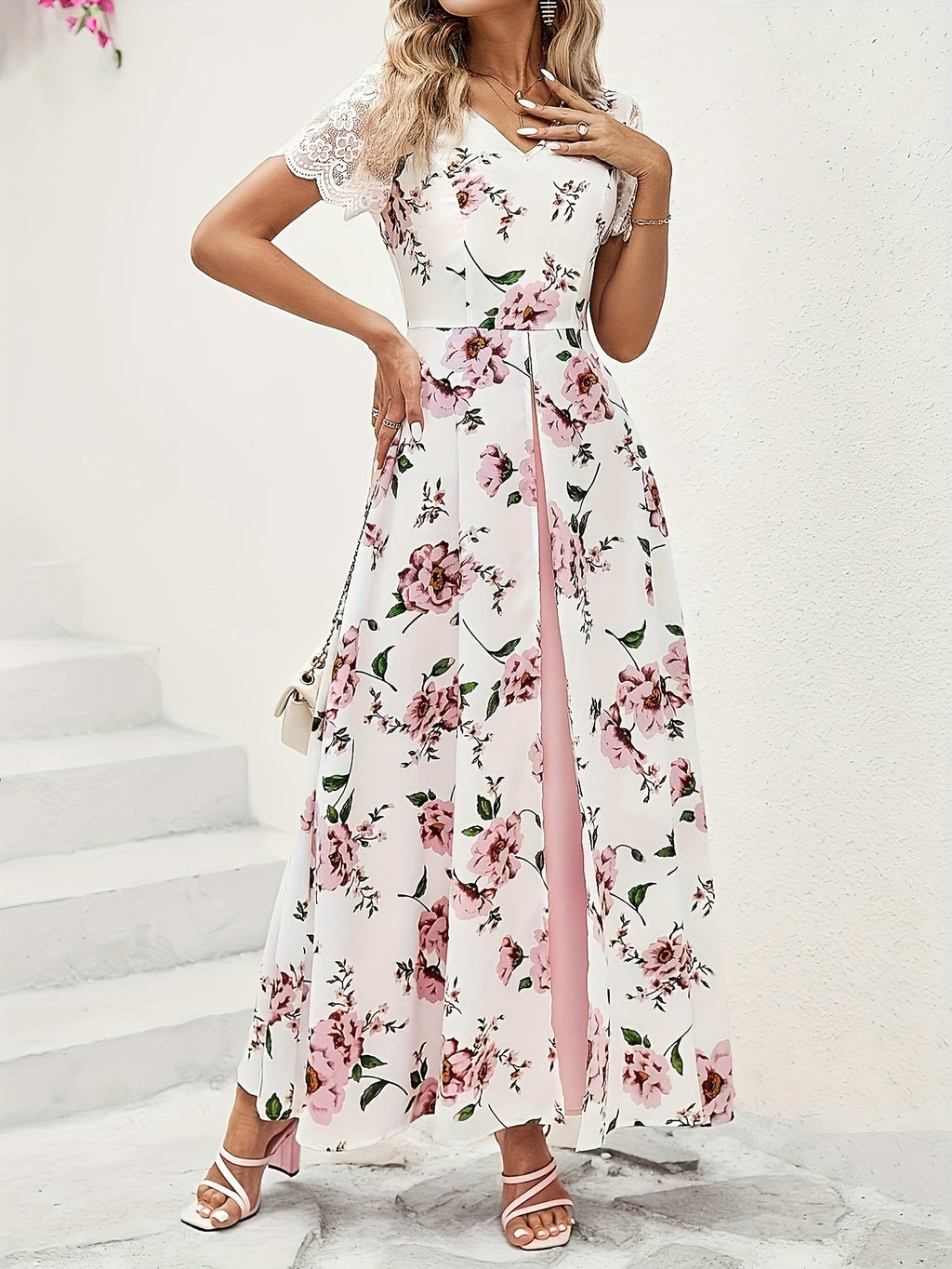 Elegant Floral Print V-Neck Midi Dress for Women - Short Sleeve, High-Low Hem, Split Front, Lightweight Polyester, Perfect for Spring/Summer/Fall, Casual Elegance Attire | Vneck Dress | Glossy Textur