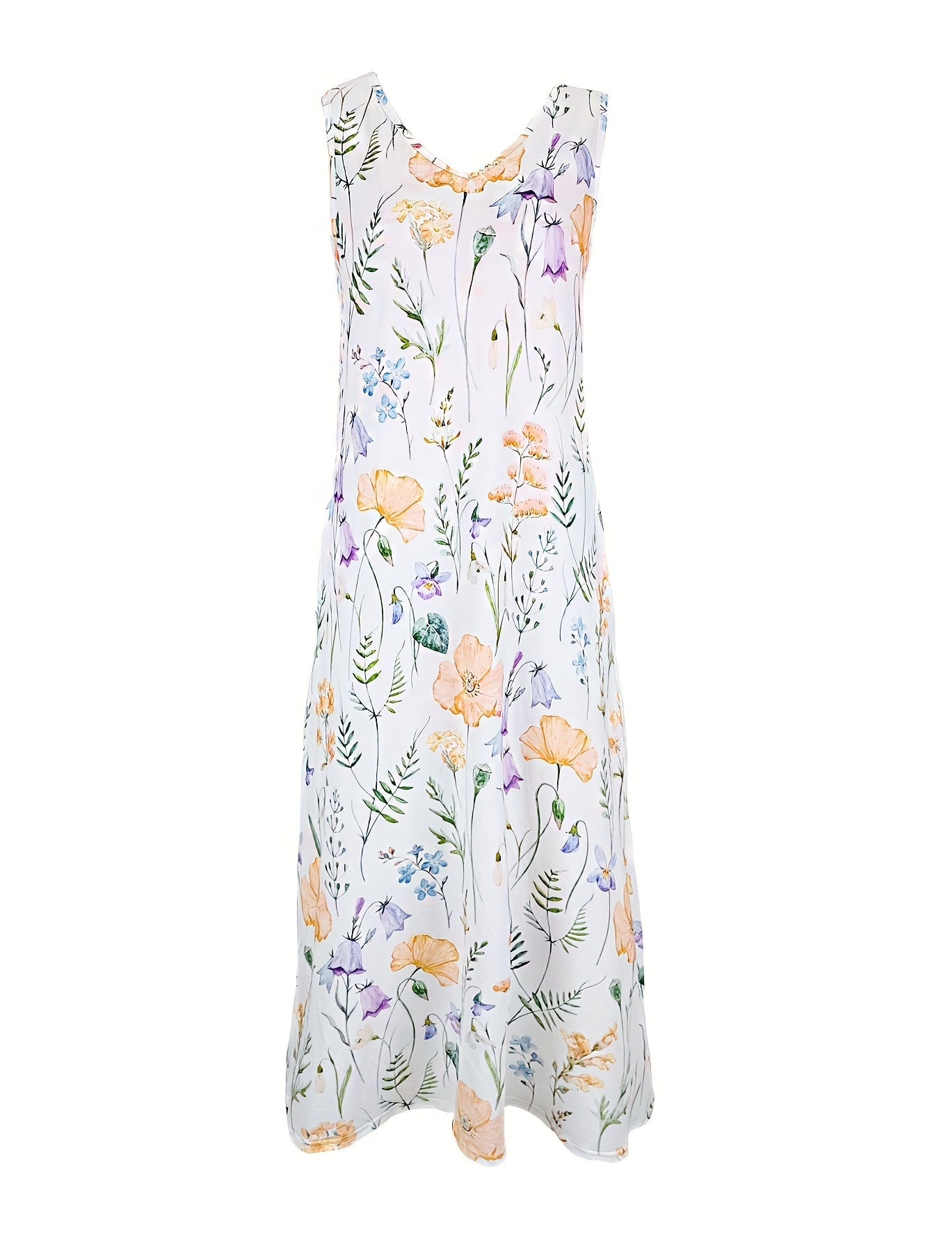 [Elegant Maxi Dress] Lightweight Polyester Women's Floral Print V-Neck Sleeveless Maxi Dress | Casual Elegant A-Line Cut with Vibrant Pink, Red, and Green Flowers, Spring/Summer/Fall