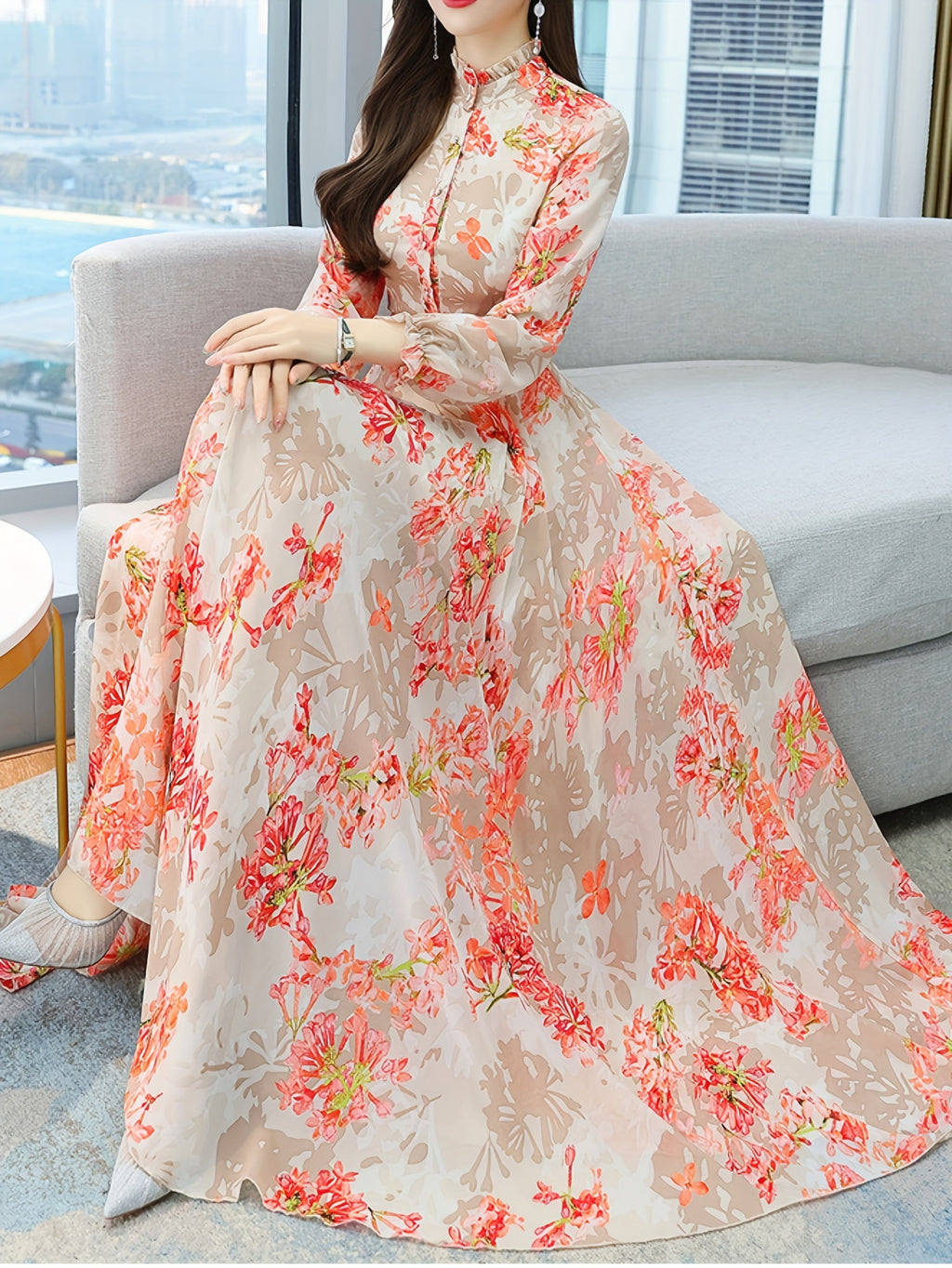 Women's Elegant Floral Print Mock Neck Dress - Long Sleeve A-Line Button Front with Pockets, Vibrant Orange/Red/White/Pink Floral on Beige, Spring & Fall Office & Casual Wear, Floral Print Dress, Fall Fashion Wear, Sophisticated Tailoring