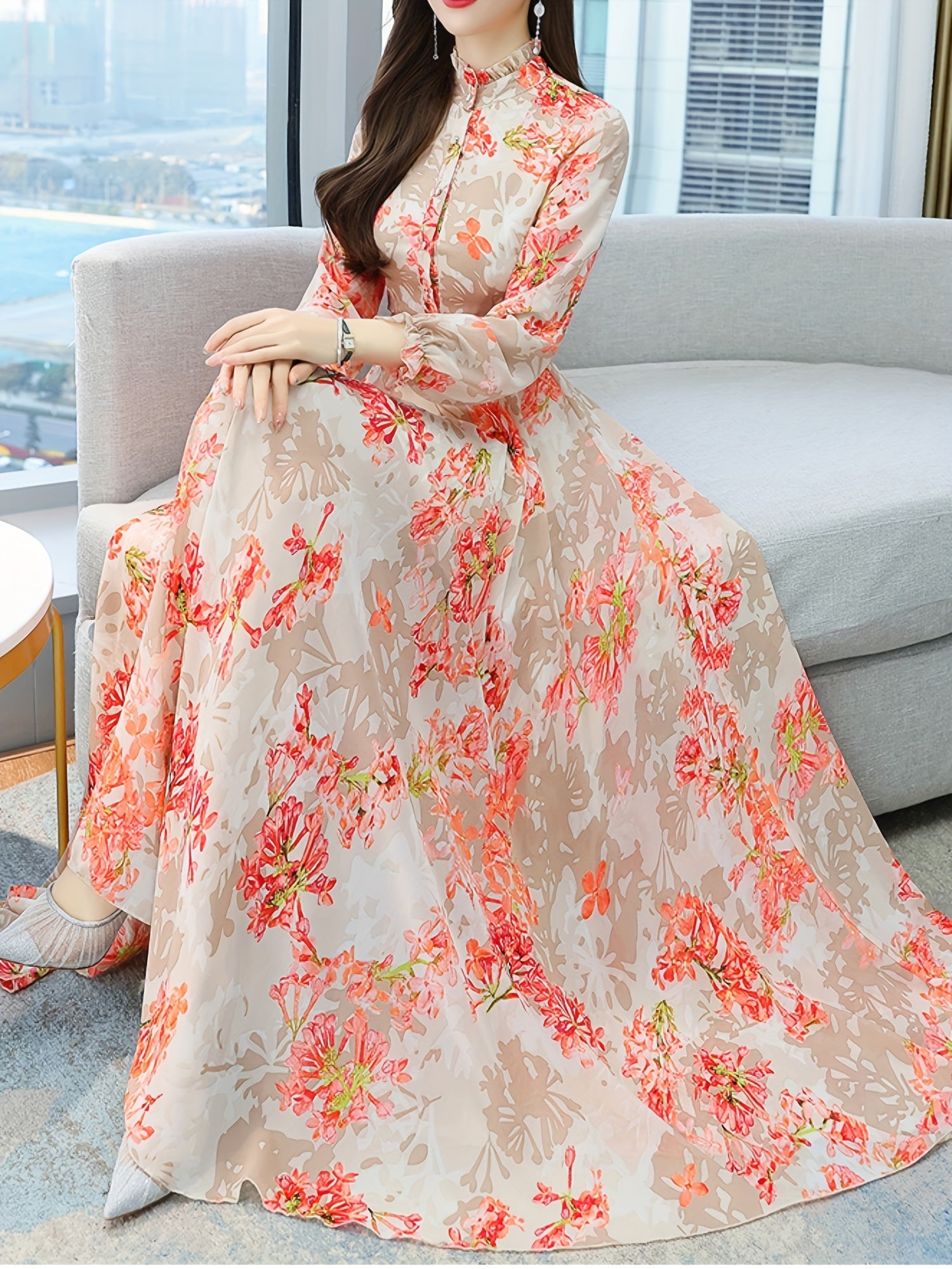 Women's Elegant Floral Print Mock Neck Dress - Long Sleeve A-Line Button Front with Pockets, Vibrant Orange/Red/White/Pink Floral on Beige, Spring & Fall Office & Casual Wear, Floral Print Dress, Fall Fashion Wear, Sophisticated Tailoring