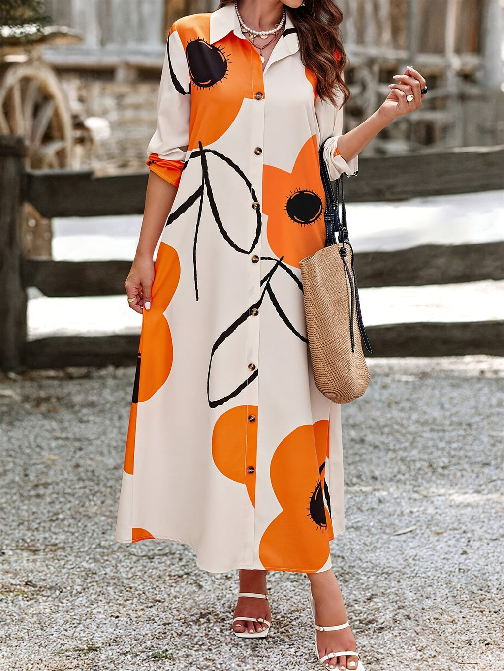 Casual Chic | Women's Elegant Floral Print Long Sleeve Dress - Navy Blue and White, Button-Up Shirt Style, Polyester, Machine Washable