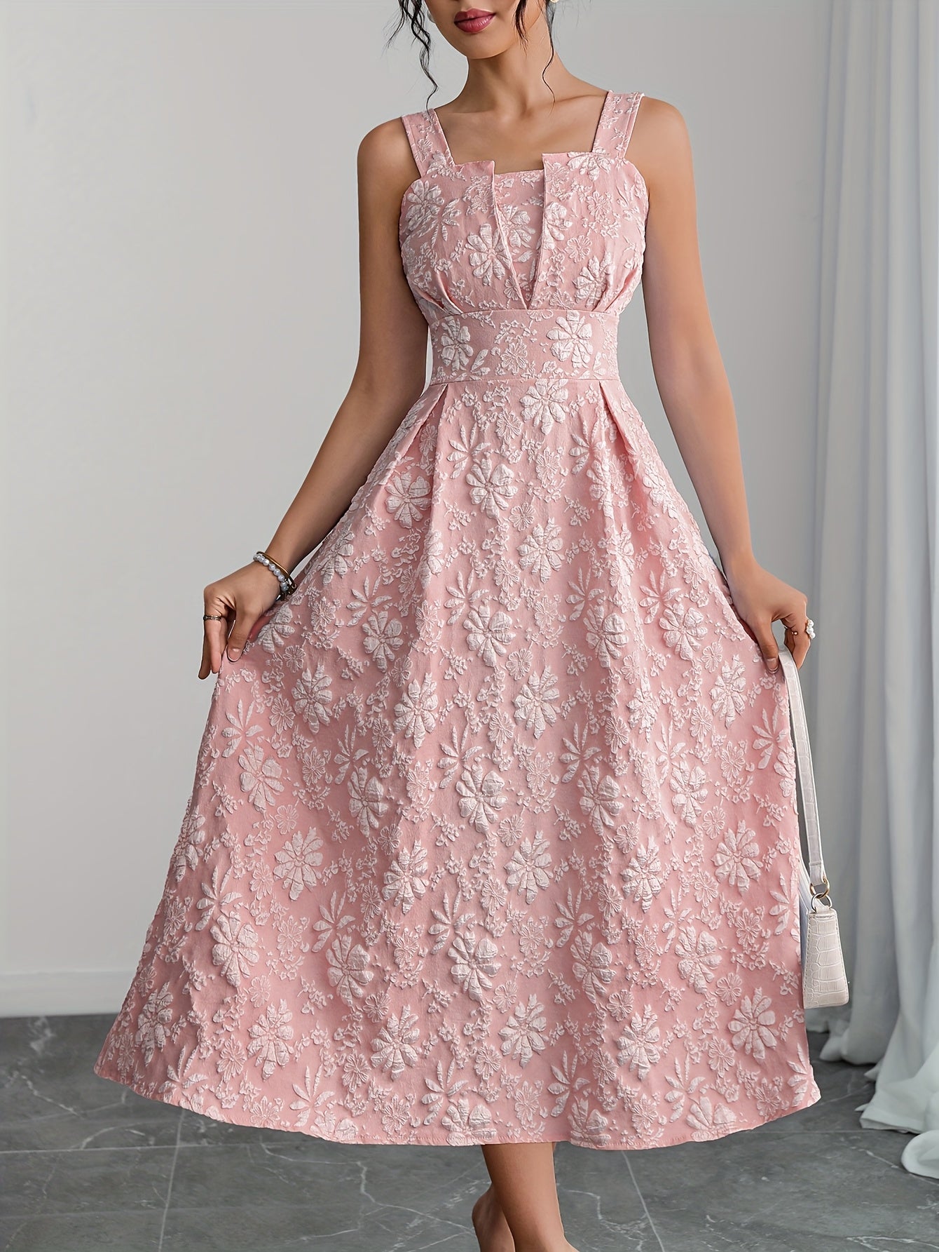 [Elegant Dress] Elegant Floral A-Line Dress | Sleeveless, Off-Shoulder Design with Back Zipper, Pink on Blush Color - Spring/Summer Collection, Casual Elegance, Cute Summer Dresses for Women