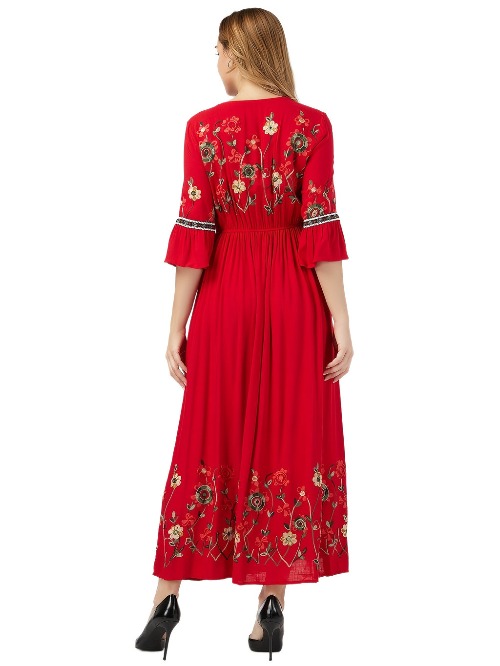 Elegant Green Embroidered Maxi Dress with V-Neck and Ruffle Sleeves - Floral Pattern, Long Length, Perfect for Adult Women, All-Season Wear, Floral Dress