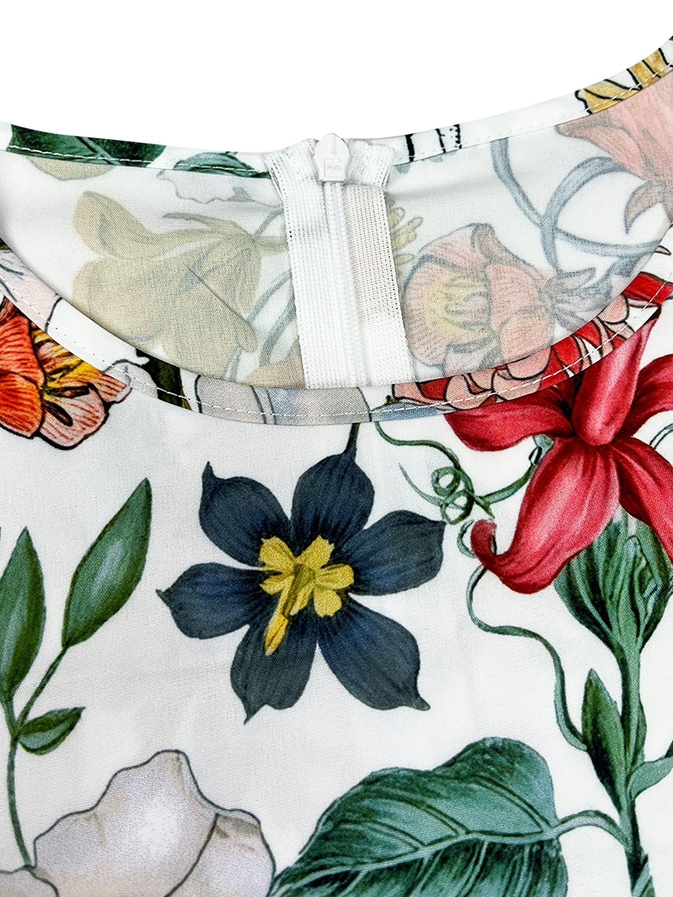 [Floral Tunic Dress] Lightweight Polyester Women's Floral Print Tunic Dress | Crew Neck, Geometric Pattern, Woven Fabric, 97% Polyester 3% Spandex Stretch, 120g/m², Spring/Summer Casual Wear